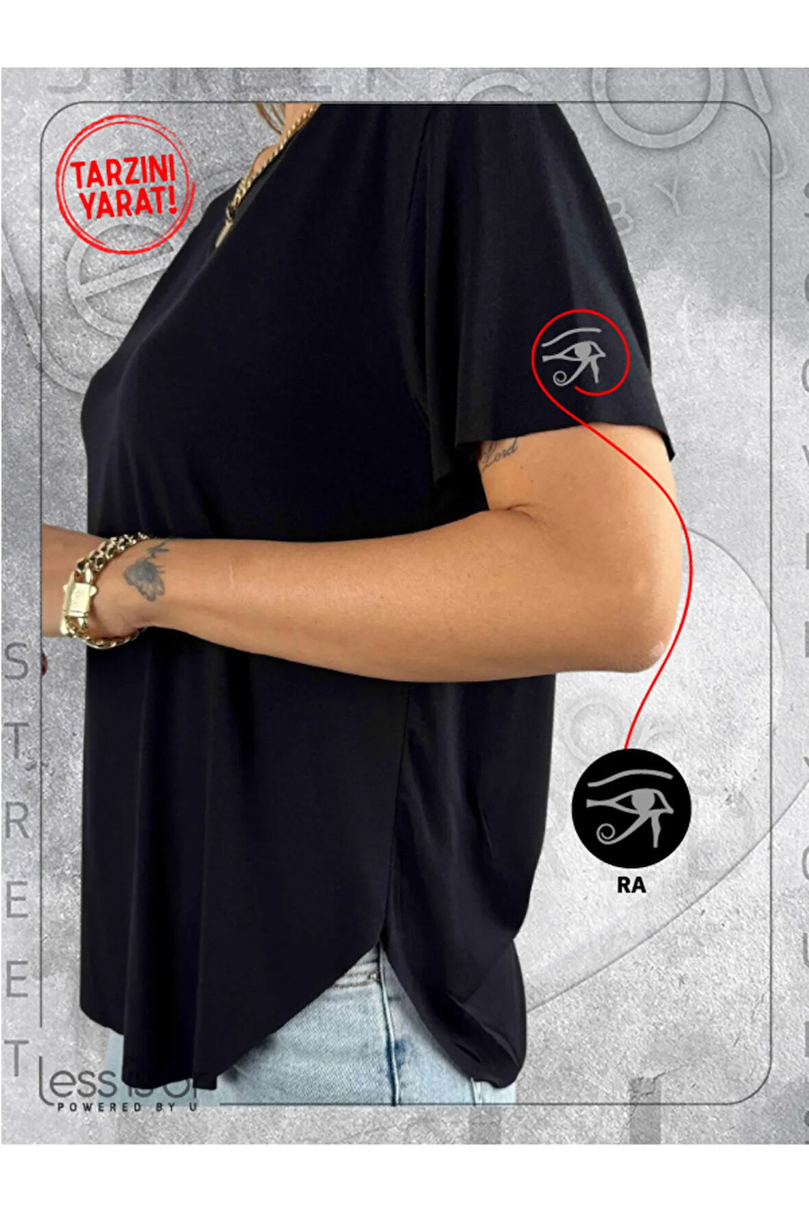 Kadim Ra Sembollü Lazer Kesim Siyah Basic Tshirt