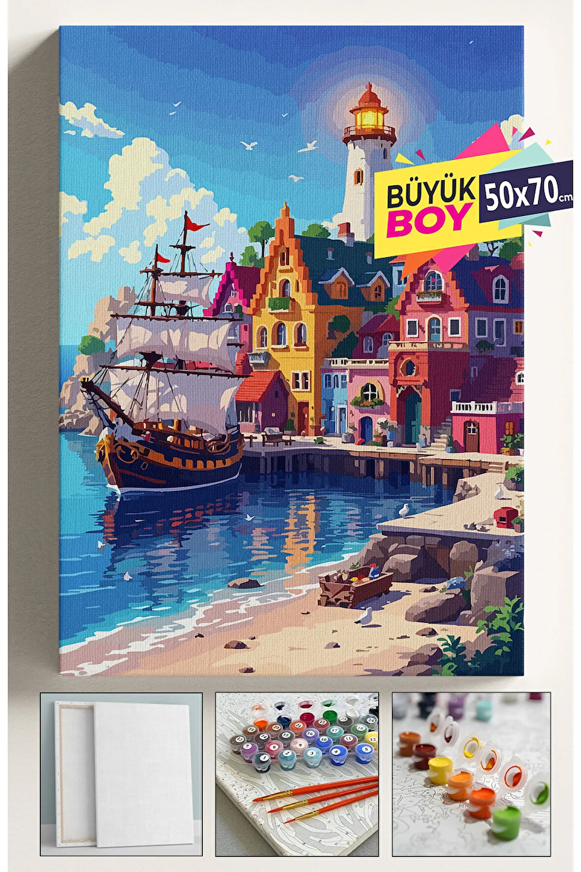 Sayılarla Boyama Seti Numaralı Tuval Fırça Boya Dahil Kasnaklı Set 50x70 Cm - LİMAN MANZARA
