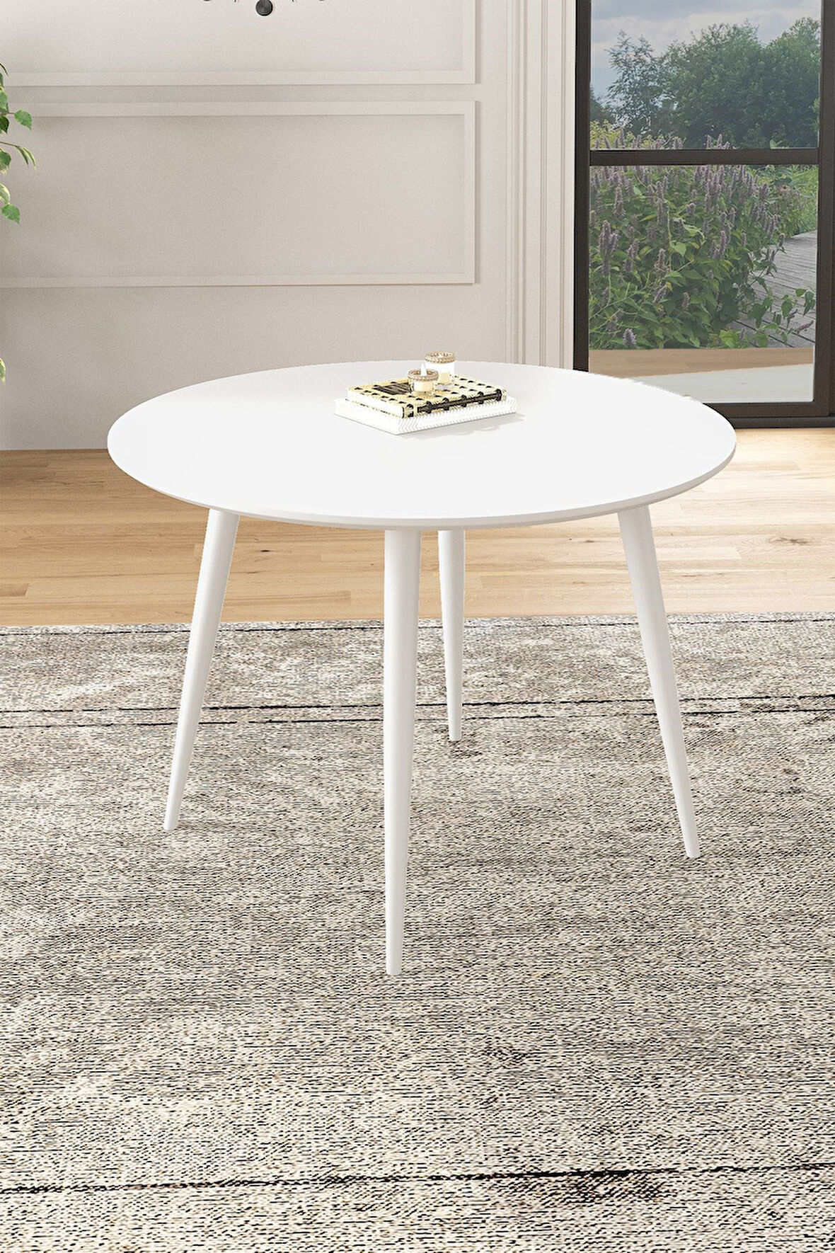 Linya Yuvarlak 90x90 Beyaz Ahşap Ayak MDF Mutfak Tekli Yemek Masası