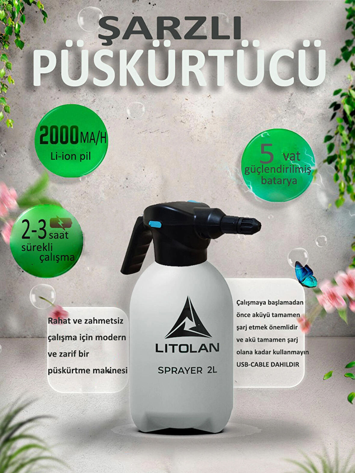 2 lt Şarjlı yüksek basınçlı püskürtücü standart, sulama, ilaçlama pompası