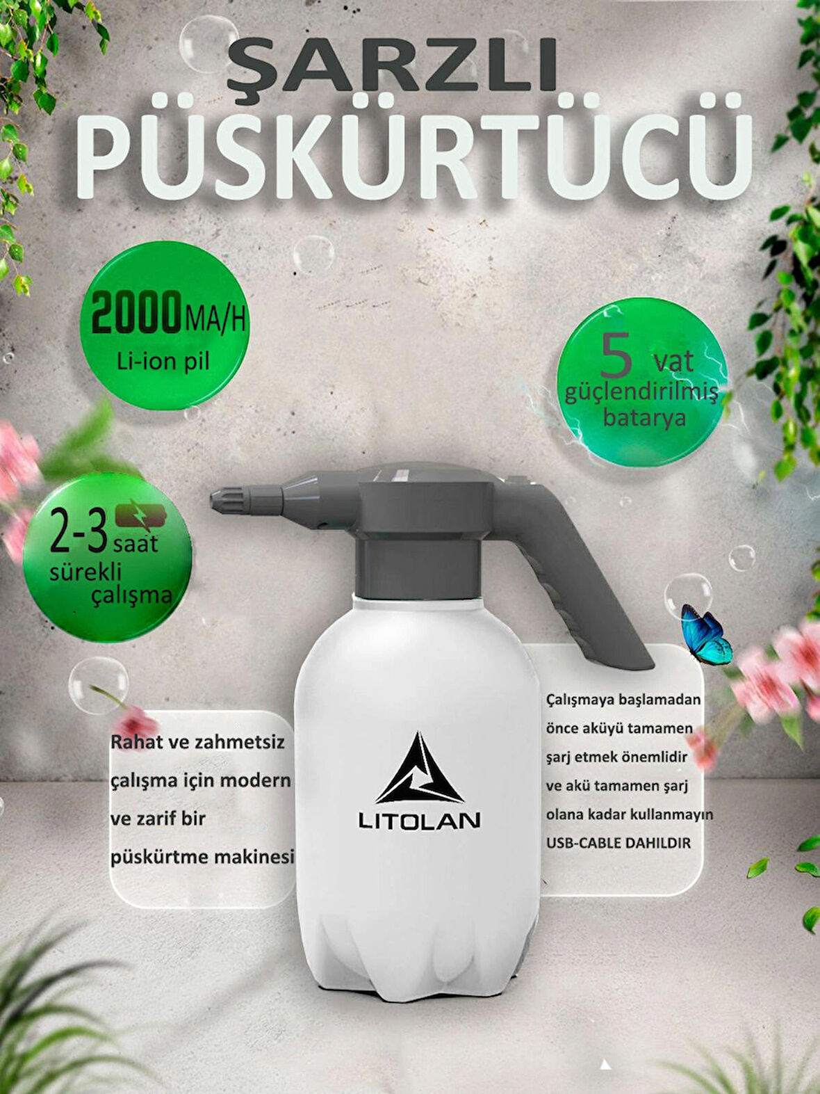 3 lt Şarjlı püskürtücü standart, sulama, ilaçlama pompası