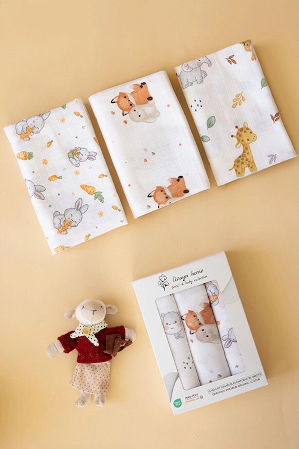 Çok Amaçlı Müslin Örtü & Battaniye 3'lü Set %100 Pamuk Oeko-teks Sertifikalı 80x80 Cm