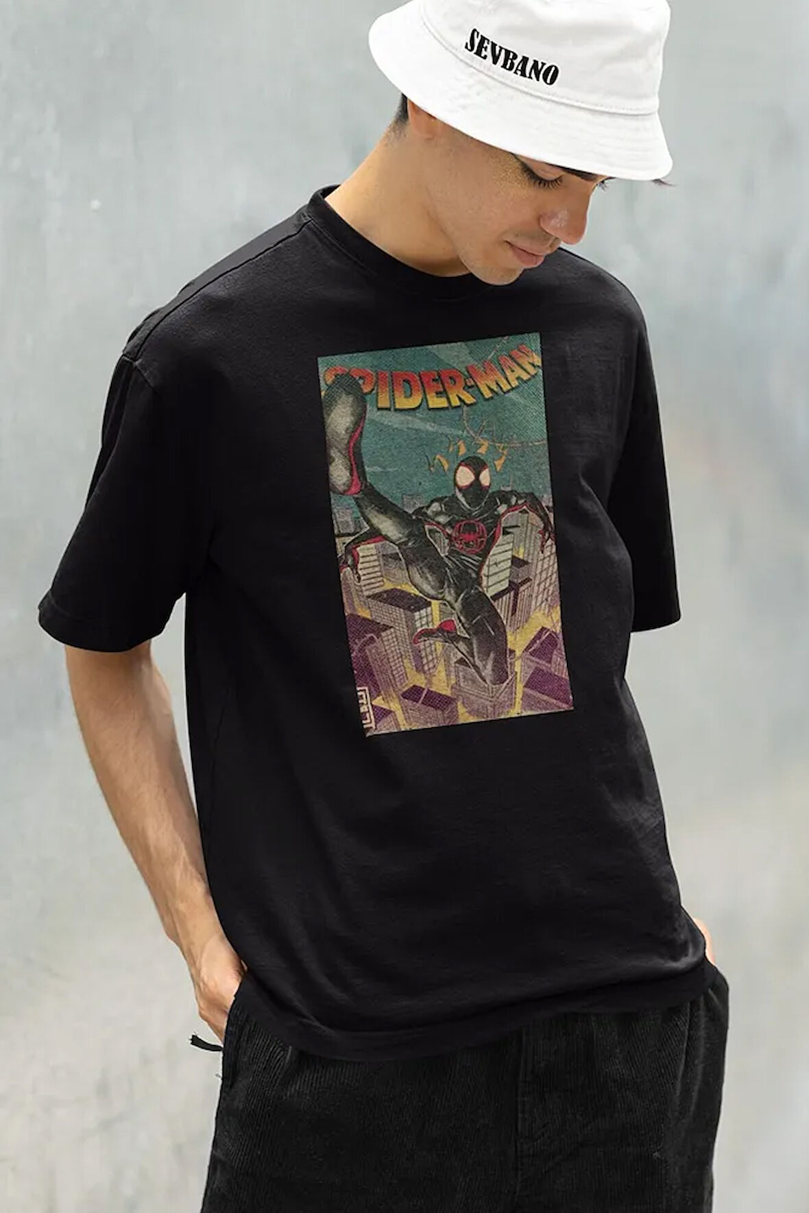 Siyah Örümcek Adam Baskılı Unisex Oversize Tişört