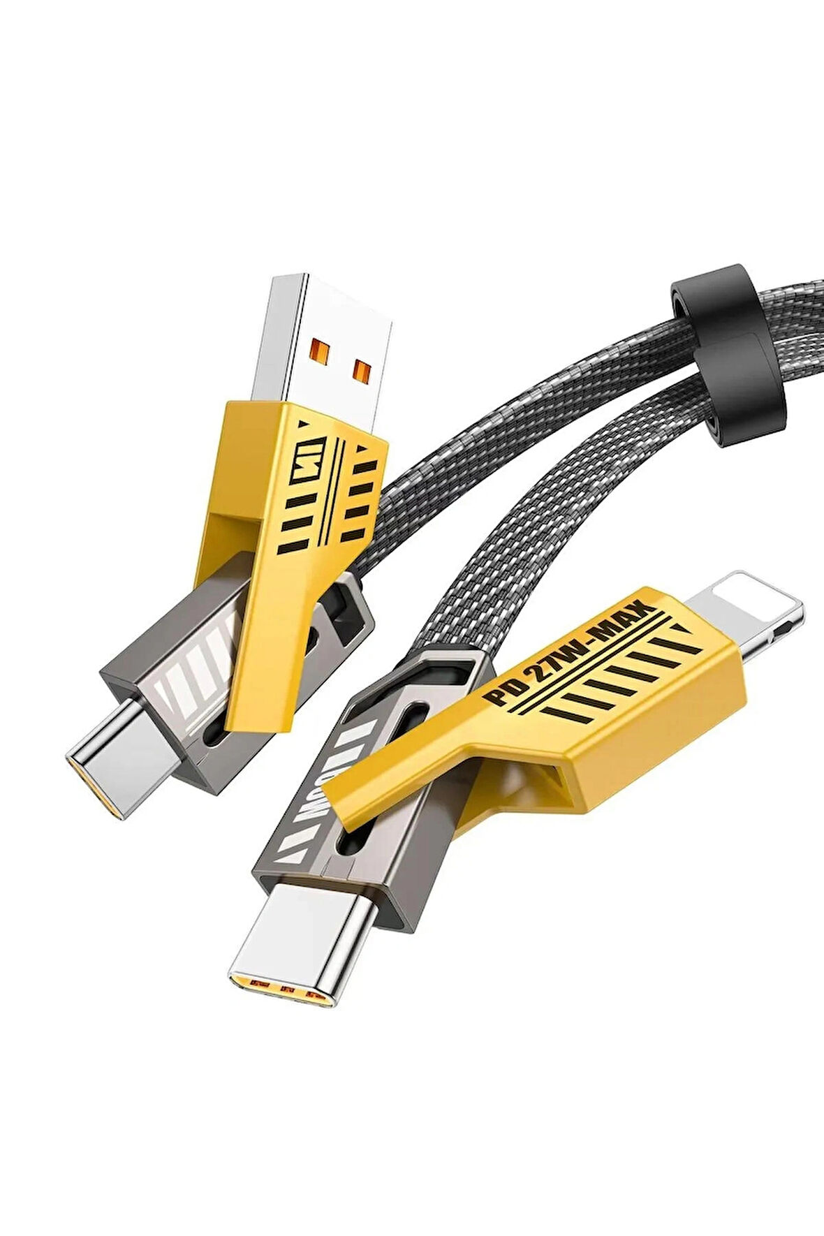 4in1 PD 65 Watt Type-C/27 Watt iPhone Paraşüt İpi Halat Örgü Kırılmaz Uç 1 Metre Hızlı Şarj Kablosu