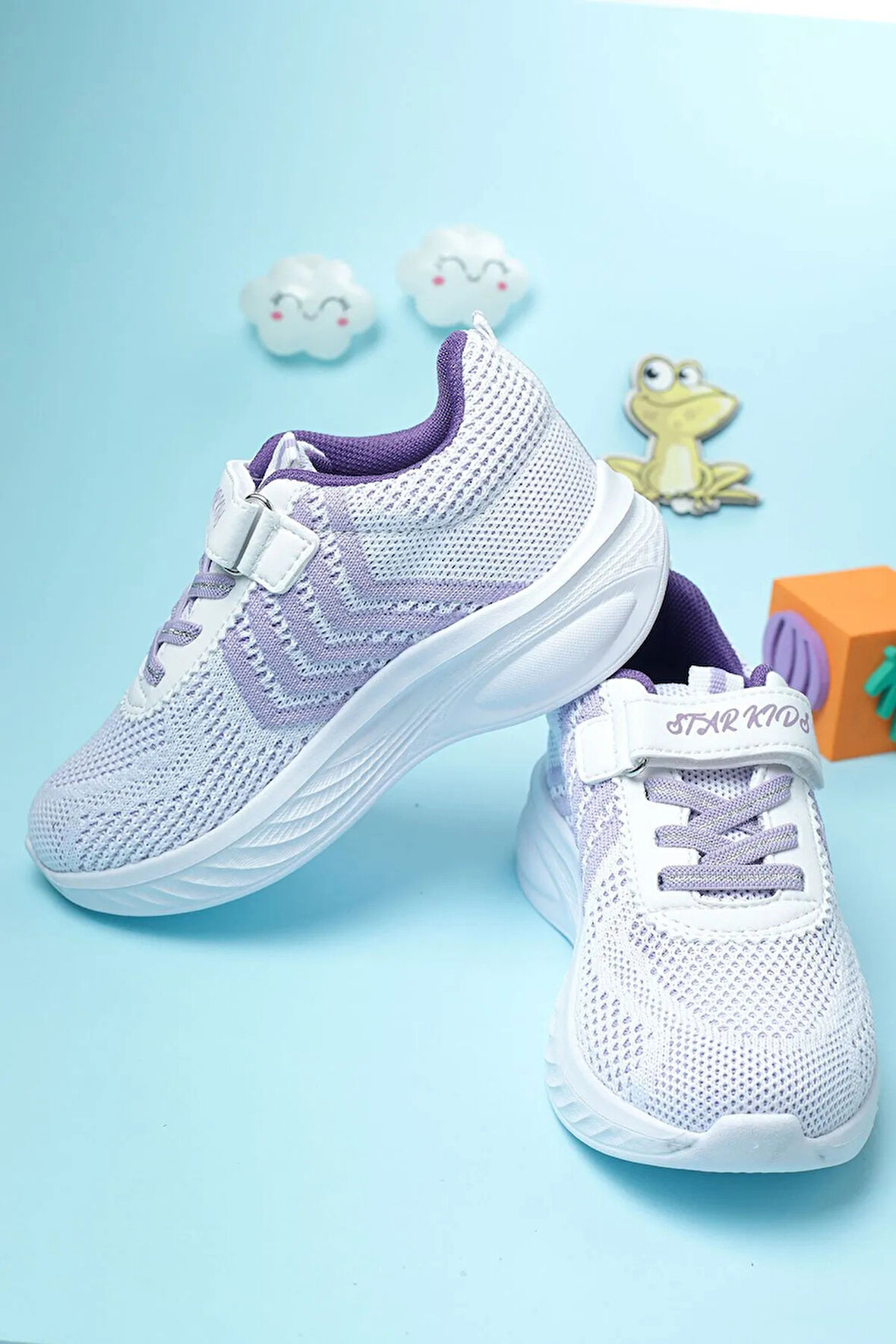 Unisex Beyaz Lila Detaylı Cırtlı Esnek Faylon Tabanlı Dayanıklı Sneaker Kız Çocuk Spor Ayakkabı