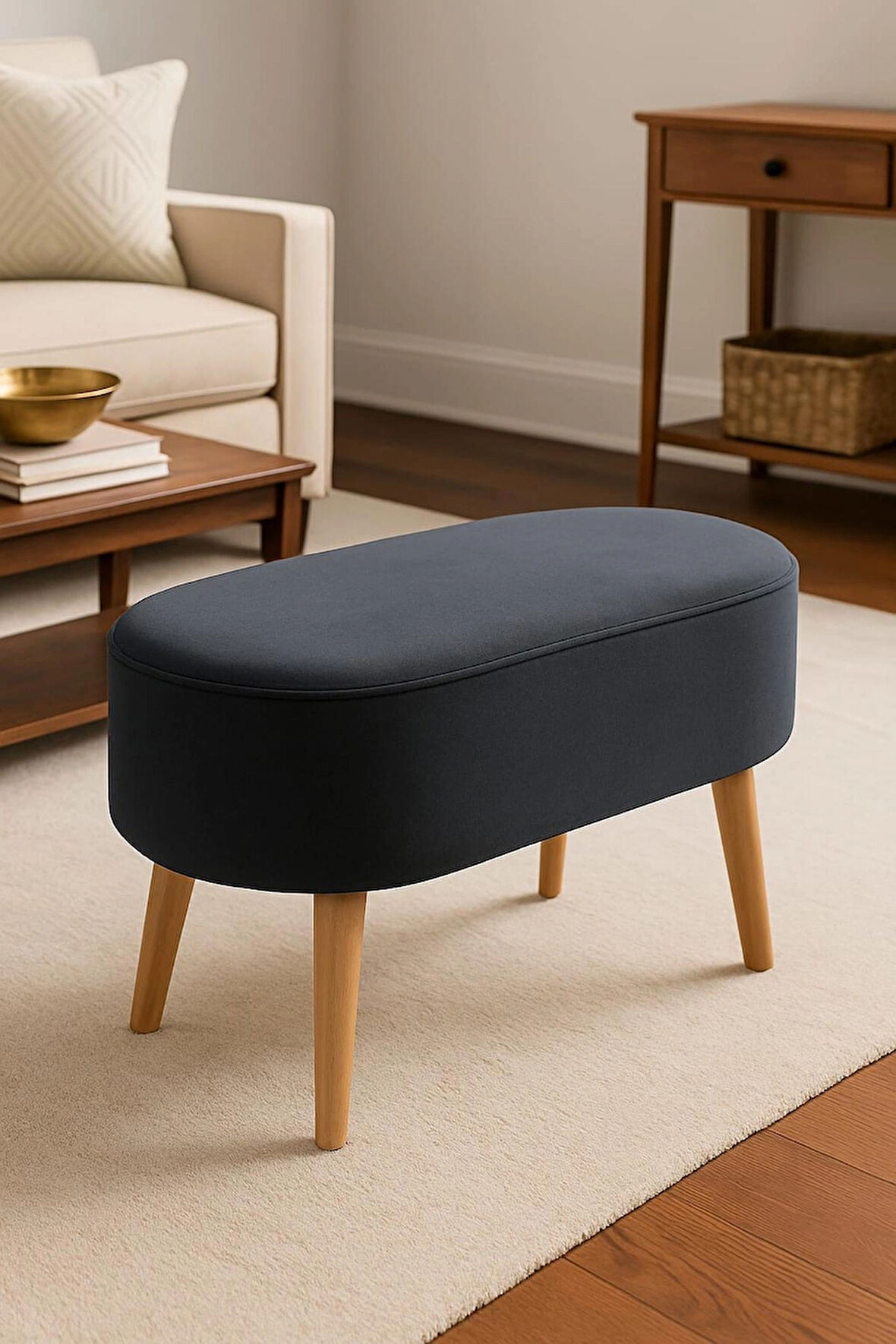 Modern Dekoratif Ahşap Ayaklı Antrasit Babyface Puf Bench Sehpa Tabure Koltuk