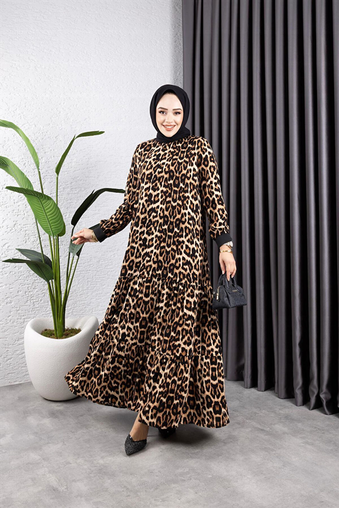 Kadın Leopar Desenli Tesettür Elbise