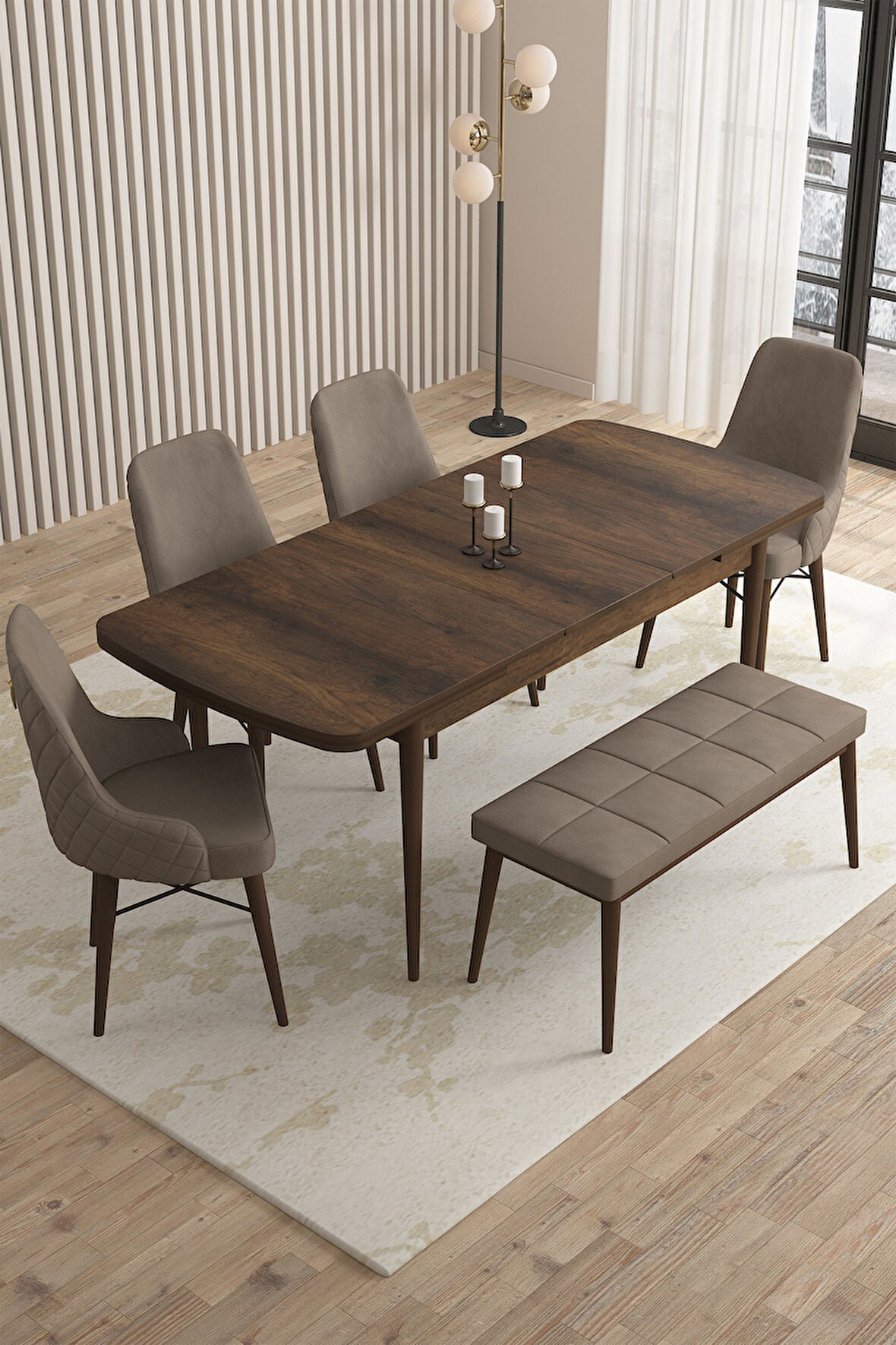 Loft Barok Desen 80x132 Açılabilir Mdf Masa Yemek Odası Takımı, Mutfak Takımı 4 Sandalye, 1 Bench