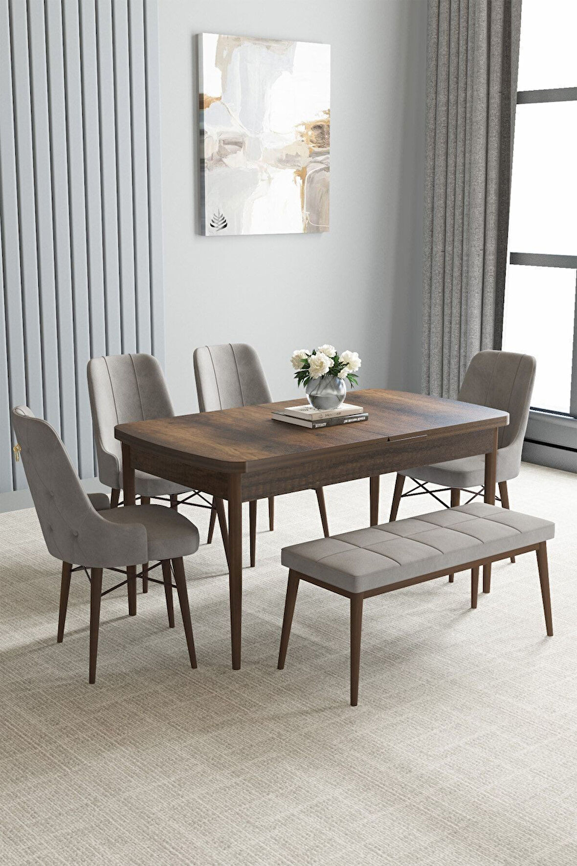 Loft Barok Desen 80x132 Açılabilir Mdf Masa Yemek Odası Takımı, Mutfak Takımı 4 Sandalye, 1 Bench