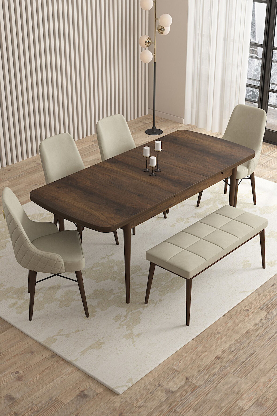 Loft Barok Desen 80x132 Açılabilir Mdf Masa Yemek Odası Takımı, Mutfak Takımı 4 Sandalye, 1 Bench