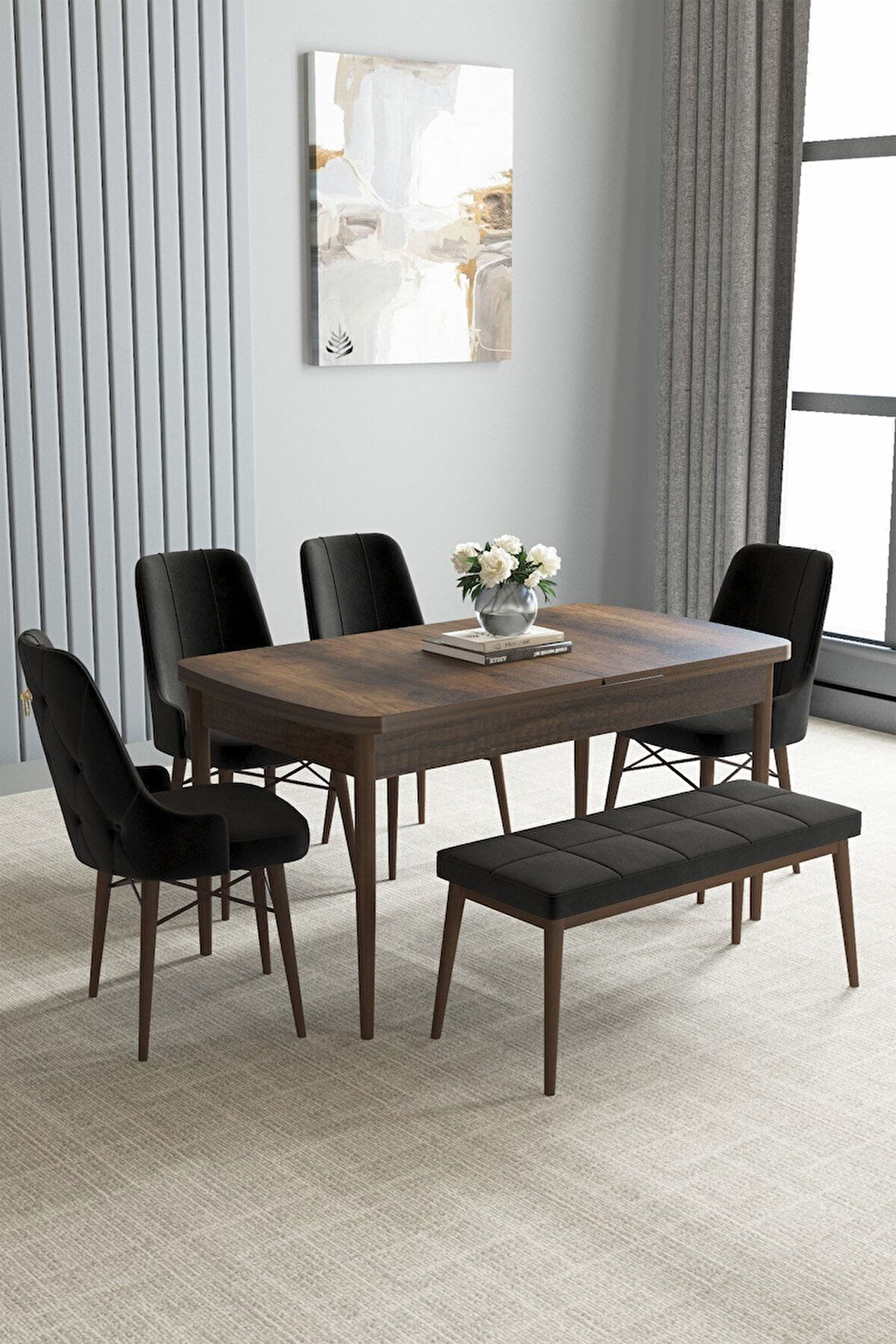 Loft Barok Desen 80x132 Açılabilir Mdf Masa Yemek Odası Takımı, Mutfak Takımı 4 Sandalye, 1 Bench