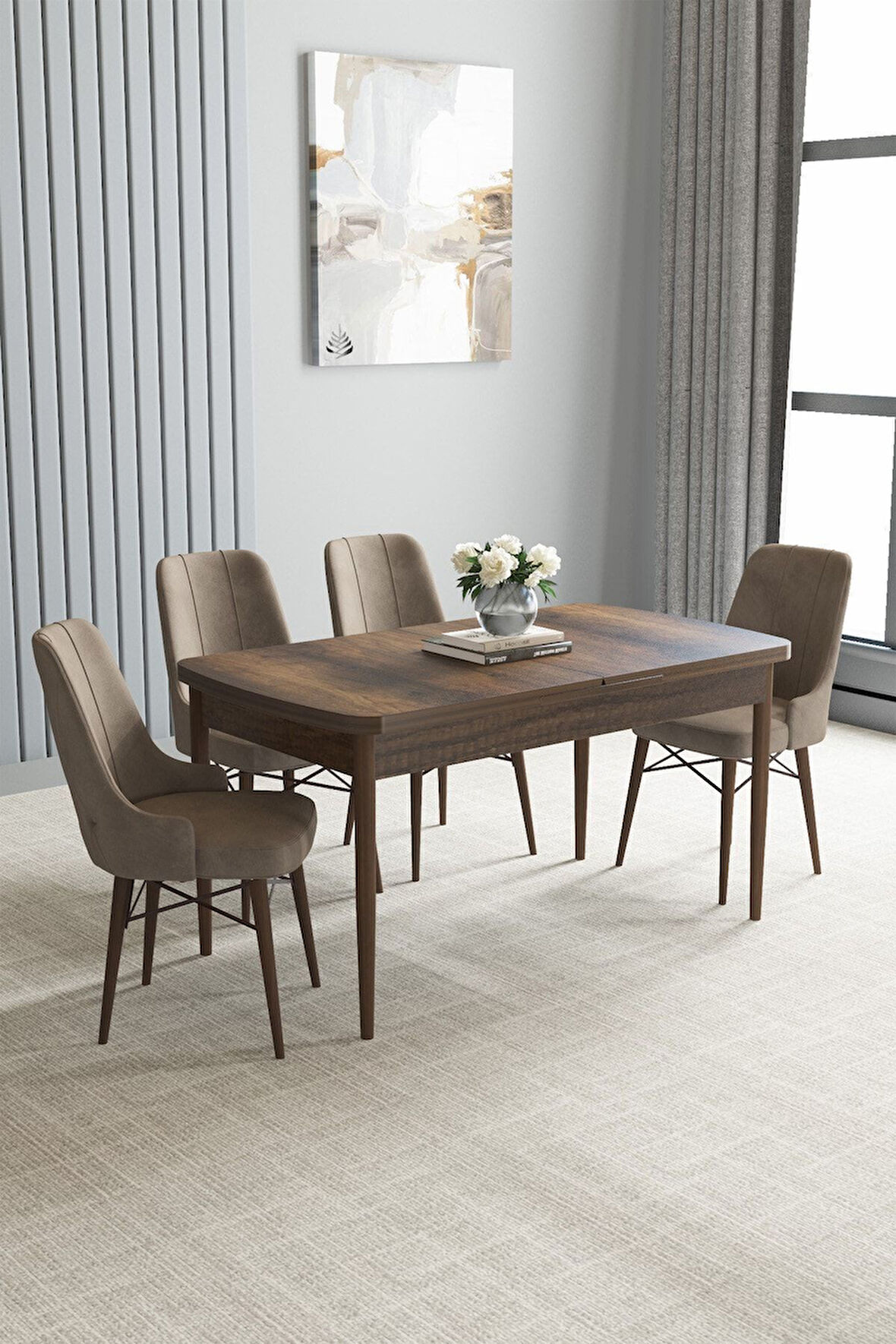 Loft Barok Desen 80x132 Açılabilir Mdf Masa Yemek Odası Takımı, Mutfak Takımı 4 Adet Sandalye