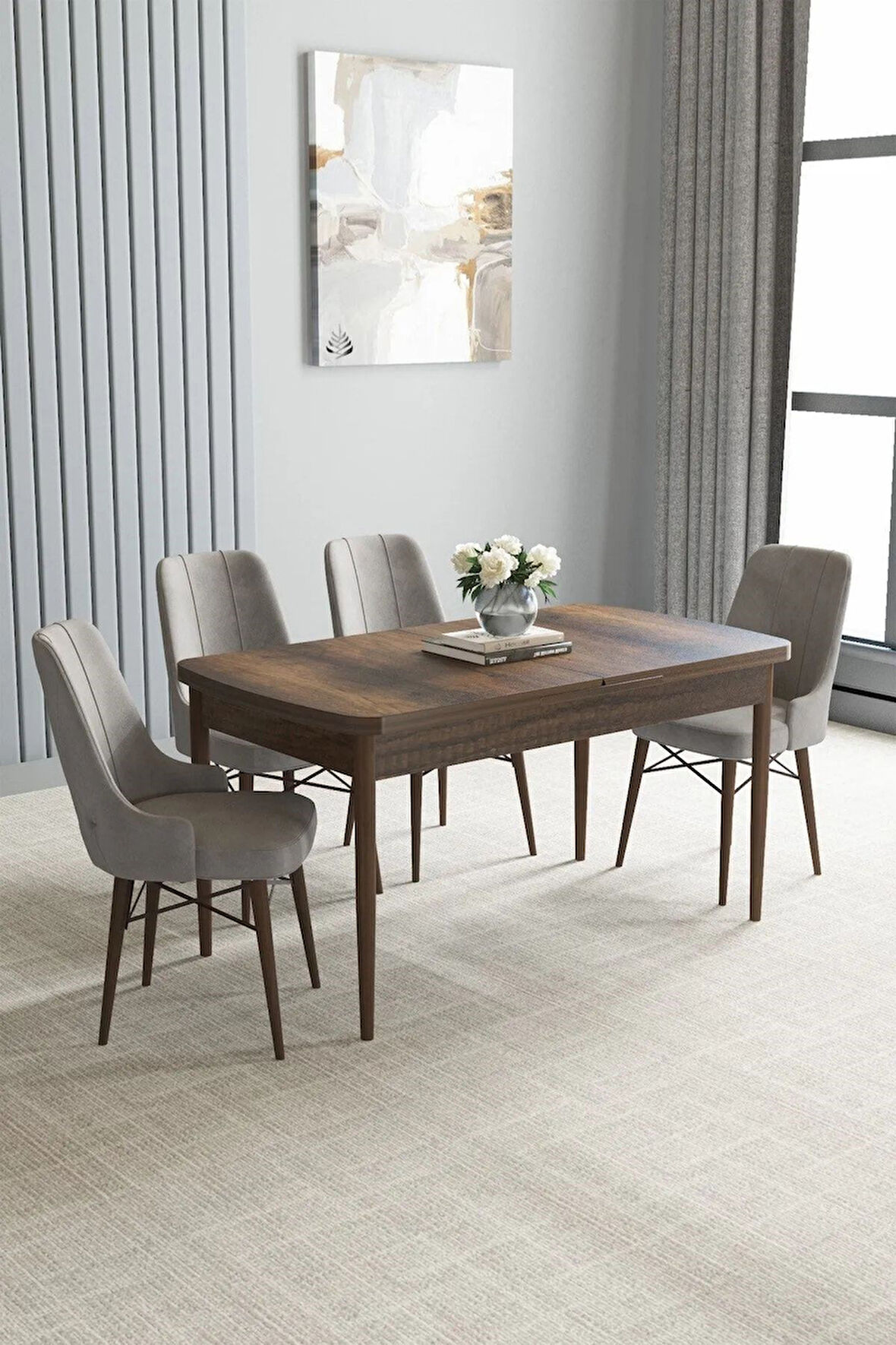 Loft Barok Desen 80x132 Açılabilir Mdf Masa Yemek Odası Takımı, Mutfak Takımı 4 Adet Sandalye