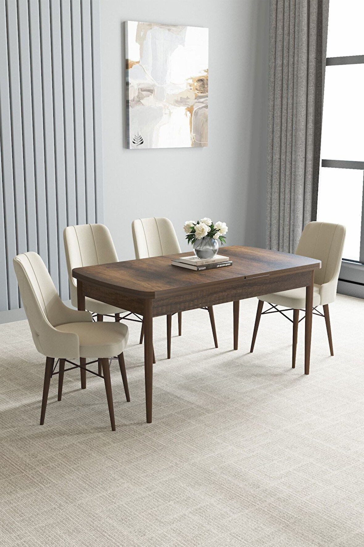 Loft Barok Desen 80x132 Açılabilir Mdf Masa Yemek Odası Takımı, Mutfak Takımı 4 Adet Sandalye