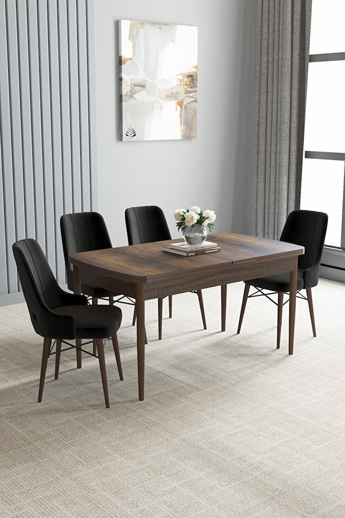 Loft Barok Desen 80x132 Açılabilir Mdf Masa Yemek Odası Takımı, Mutfak Takımı 4 Adet Sandalye