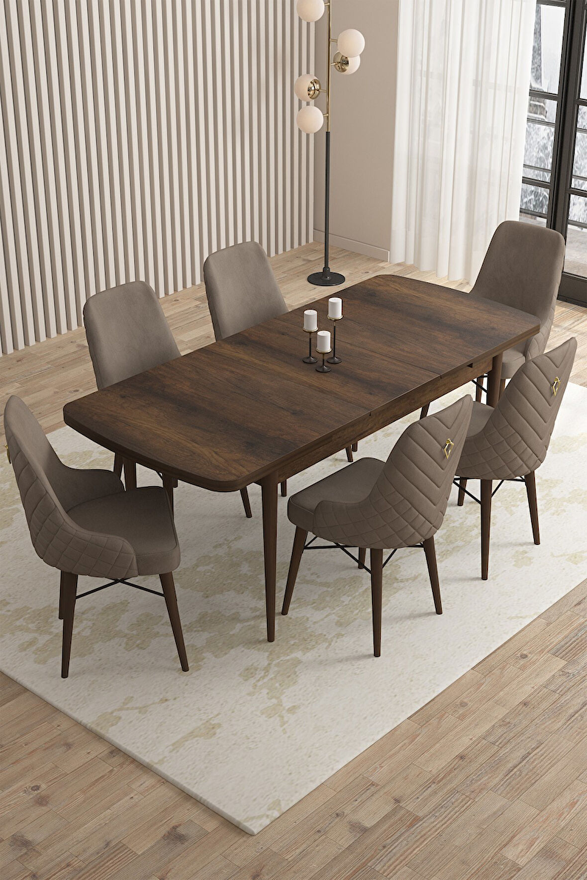 Loft Barok Desen 80x132 Açılabilir Mdf Masa Yemek Odası Takımı, Mutfak Takımı 6 Sandalye