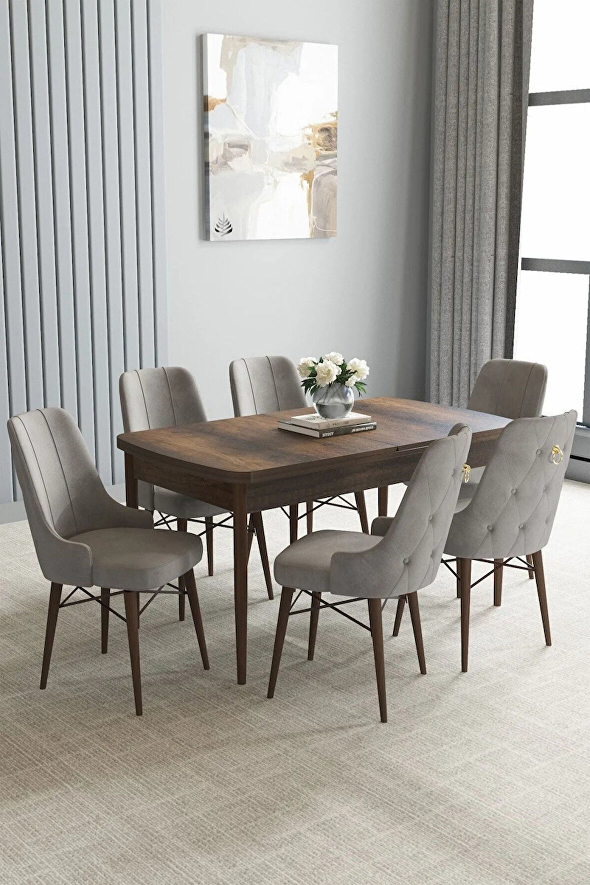 Loft Barok Desen 80x132 Açılabilir Mdf Masa Yemek Odası Takımı, Mutfak Takımı 6 Sandalye