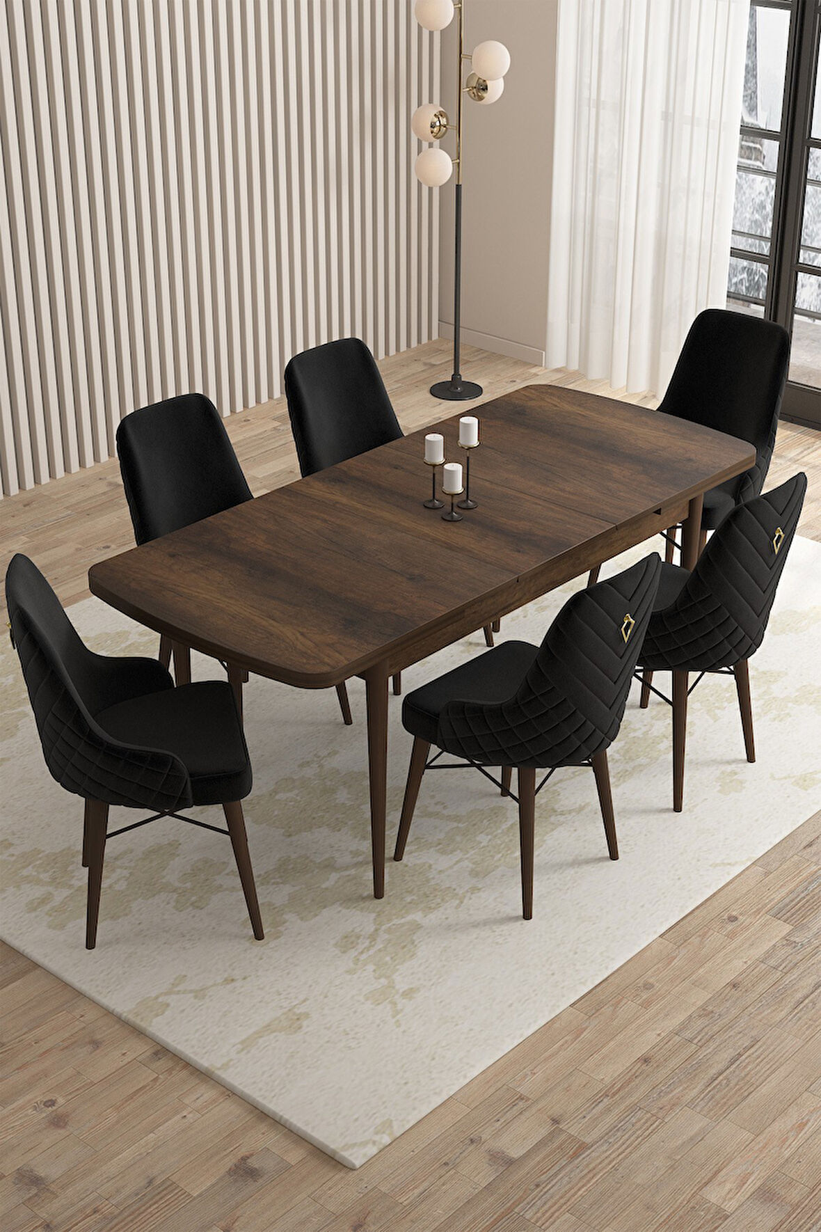 Loft Barok Desen 80x132 Açılabilir Mdf Masa Yemek Odası Takımı, Mutfak Takımı 6 Sandalye