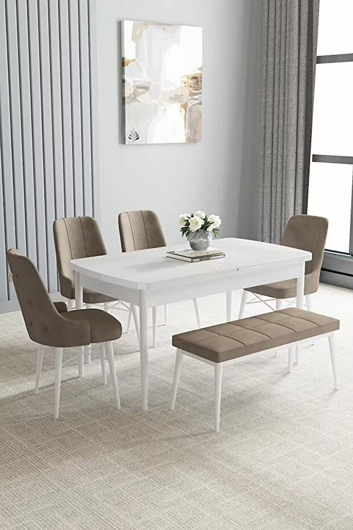 Loft Beyaz 80x132 Açılabilir Mdf Masa Yemek Odası Takımı, Mutfak Takımı 4 Sandalye, 1 Bench