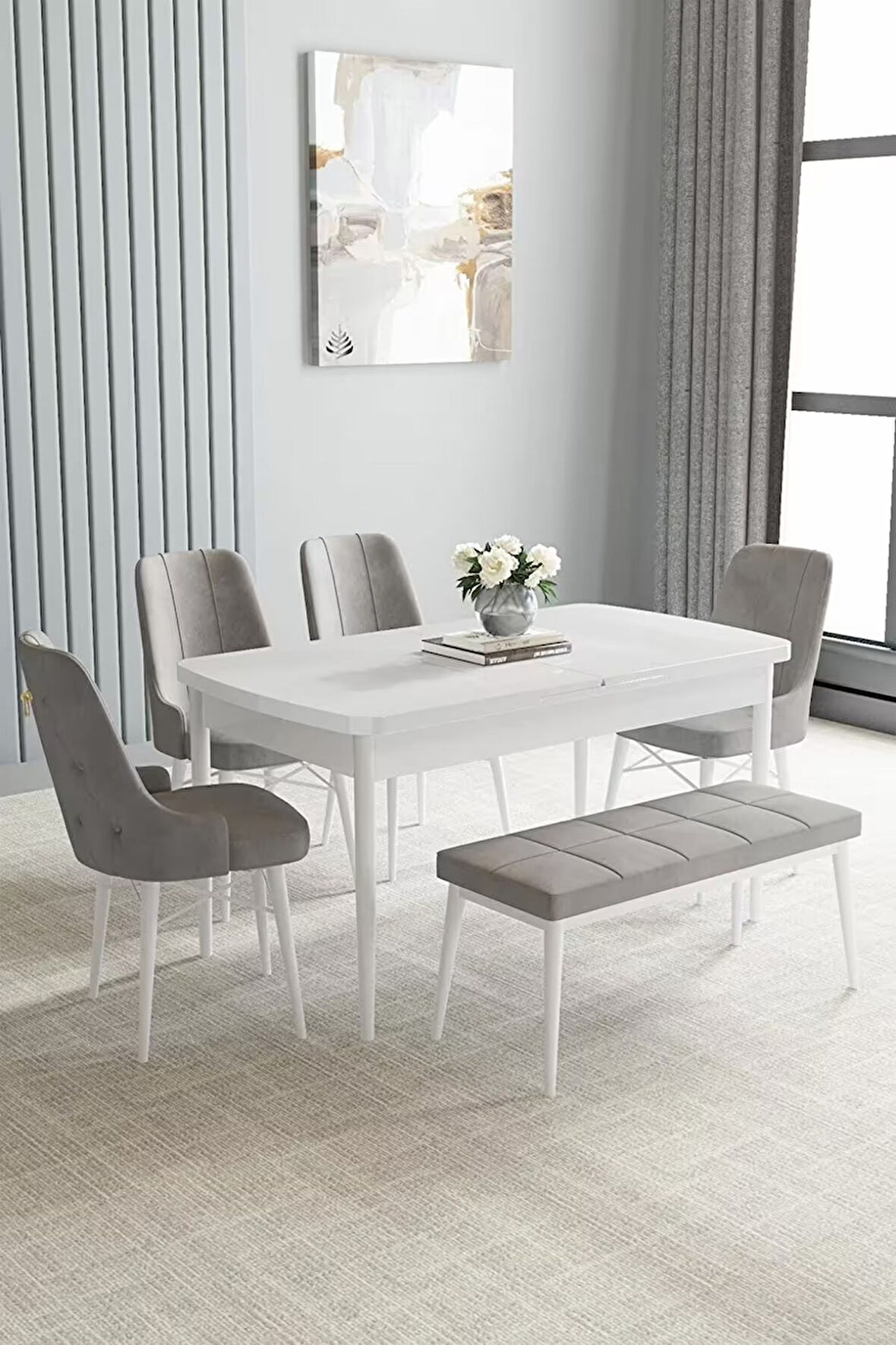 Loft Beyaz 80x132 Açılabilir Mdf Masa Yemek Odası Takımı, Mutfak Takımı 4 Sandalye, 1 Bench