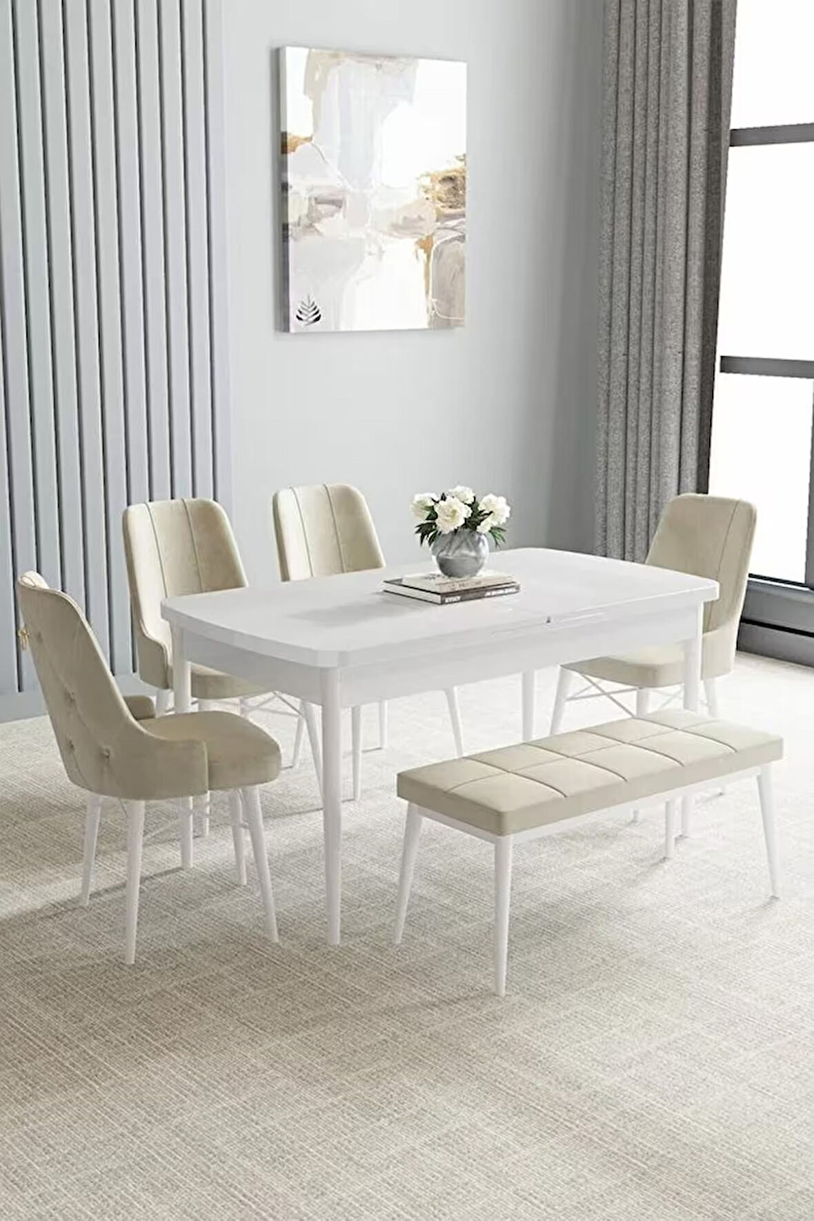 Loft Beyaz 80x132 Açılabilir Mdf Masa Yemek Odası Takımı, Mutfak Takımı 4 Sandalye, 1 Bench