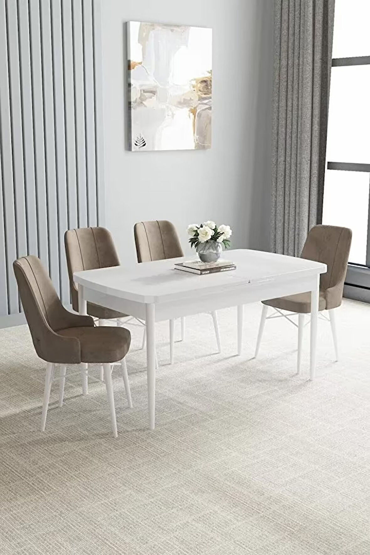 Loft Beyaz 80x132 Açılabilir Mdf Masa Yemek Odası Takımı, Mutfak Takımı 4 Adet Sandalye