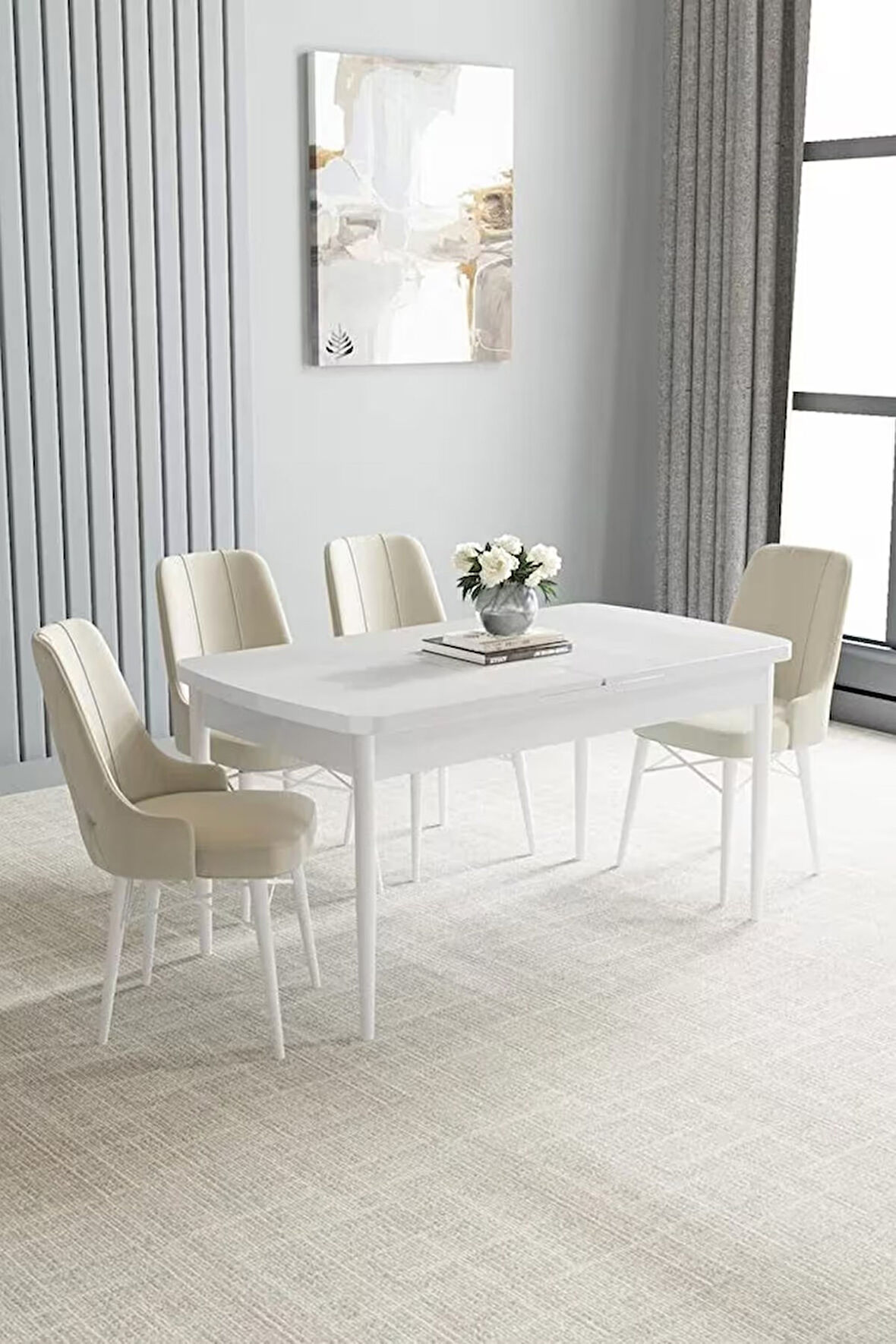 Loft Beyaz 80x132 Açılabilir Mdf Masa Yemek Odası Takımı, Mutfak Takımı 4 Adet Sandalye