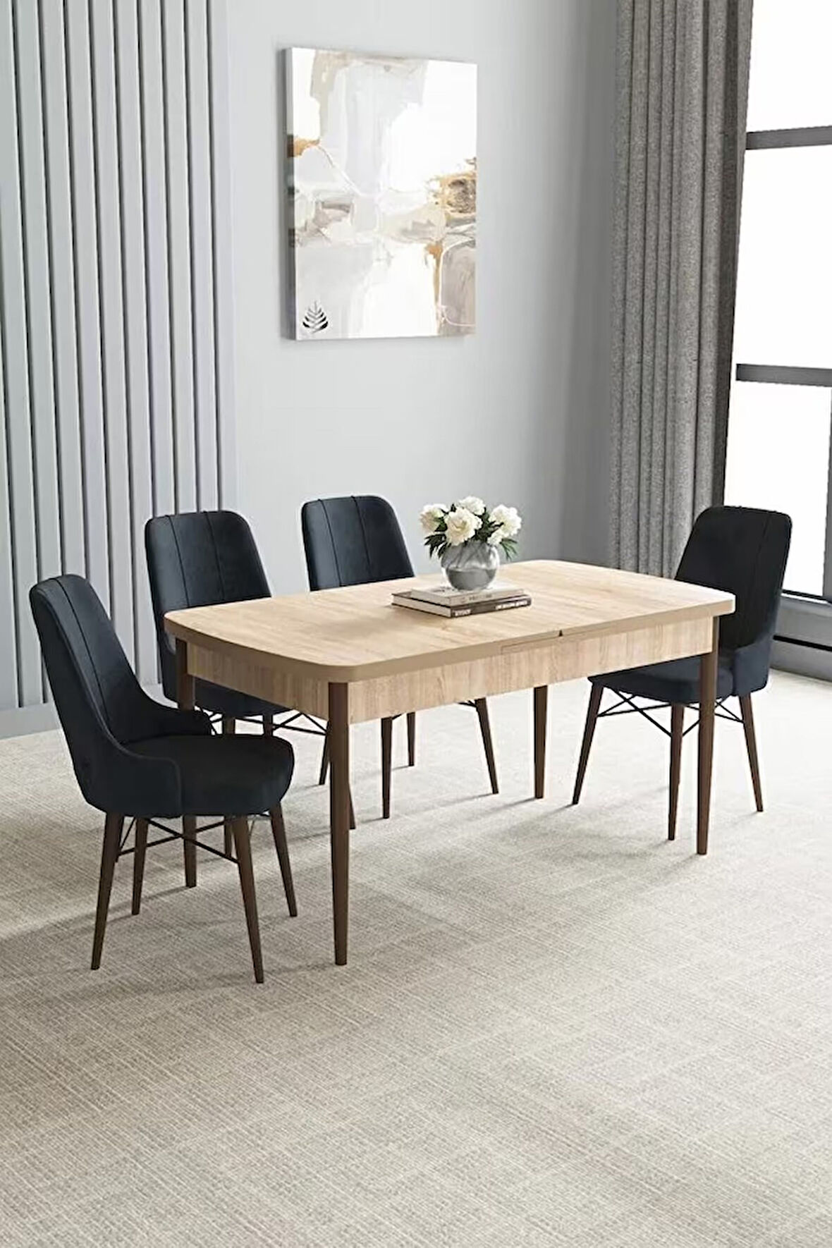 Loft Meşe Desen 80x132 Açılabilir Mdf Masa Yemek Odası Takımı, Mutfak Takımı 4 Adet Sandalye