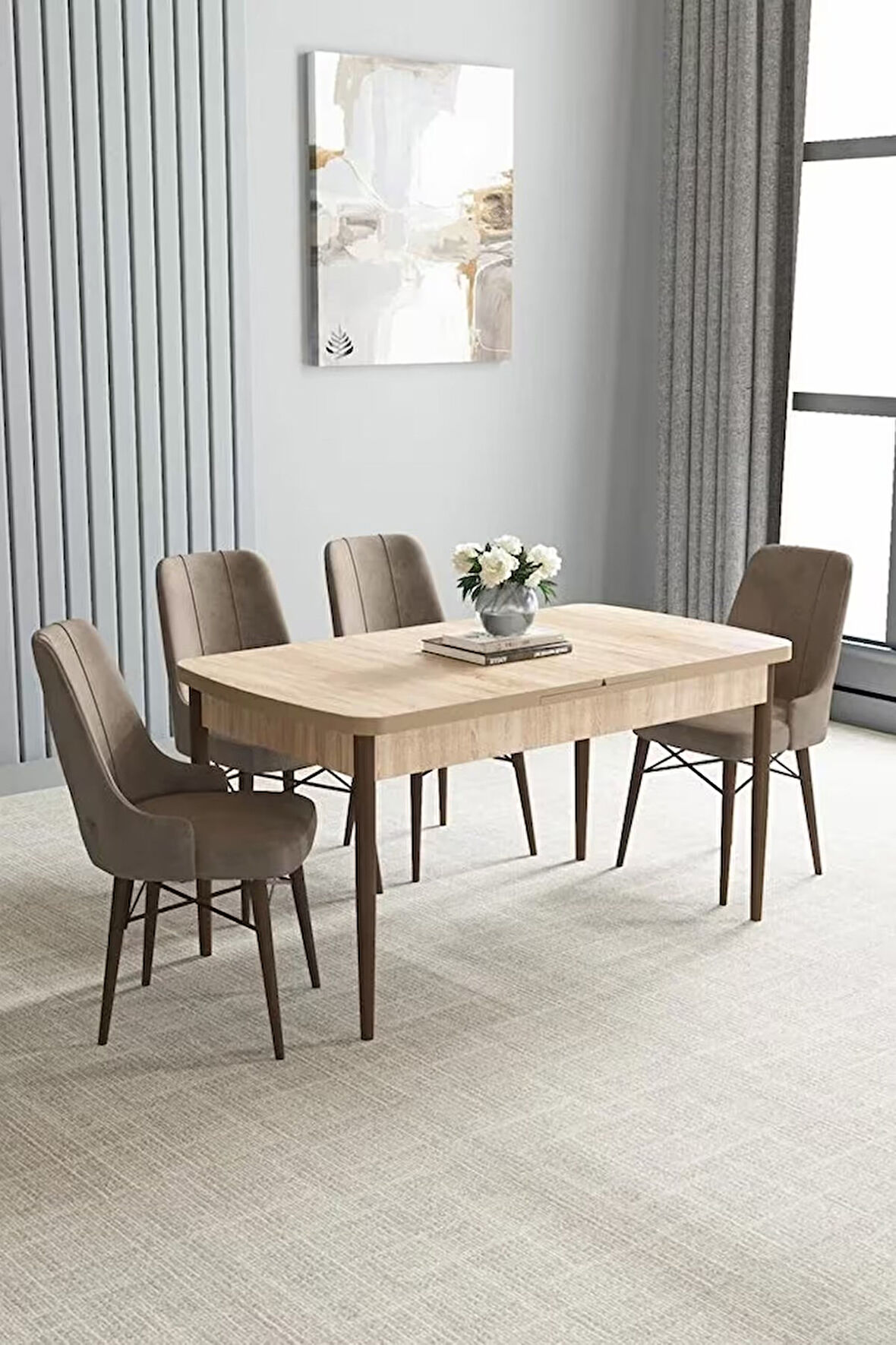 Loft Meşe Desen 80x132 Açılabilir Mdf Masa Yemek Odası Takımı, Mutfak Takımı 4 Adet Sandalye