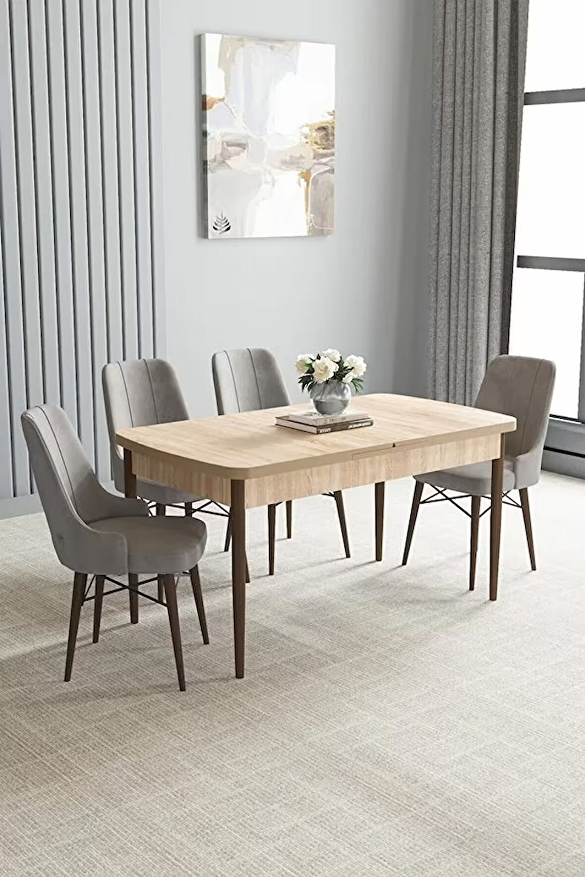 Loft Meşe Desen 80x132 Açılabilir Mdf Masa Yemek Odası Takımı, Mutfak Takımı 4 Adet Sandalye