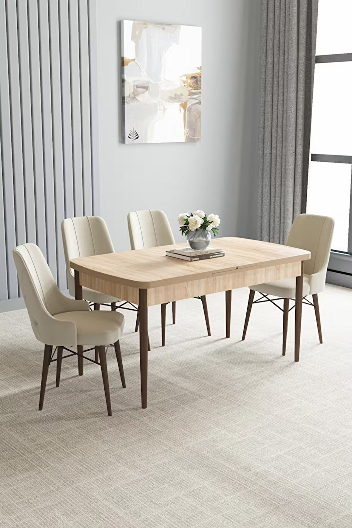 Loft Meşe Desen 80x132 Açılabilir Mdf Masa Yemek Odası Takımı, Mutfak Takımı 4 Adet Sandalye