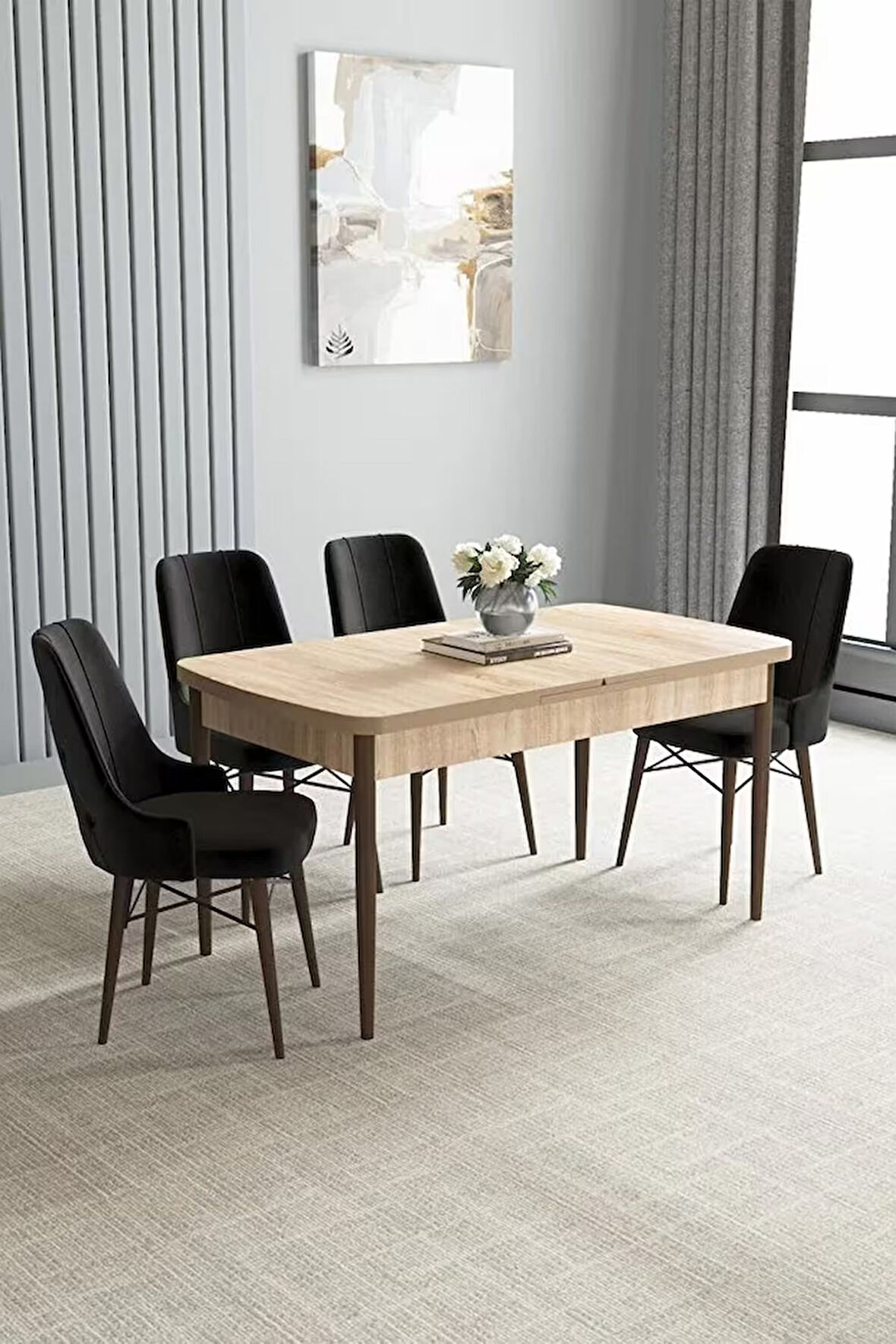 Loft Meşe Desen 80x132 Açılabilir Mdf Masa Yemek Odası Takımı, Mutfak Takımı 4 Adet Sandalye