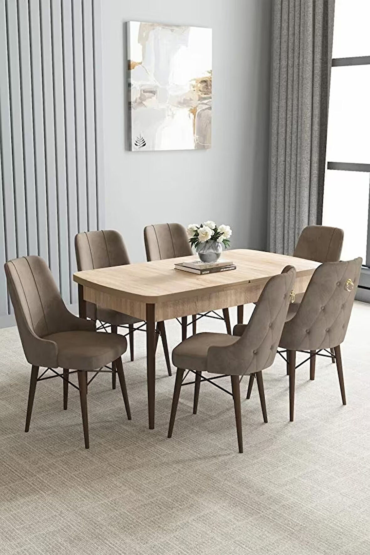 Loft Meşe Desen 80x132 Açılabilir Mdf Masa Yemek Odası Takımı, Mutfak Takımı 6 Sandalye