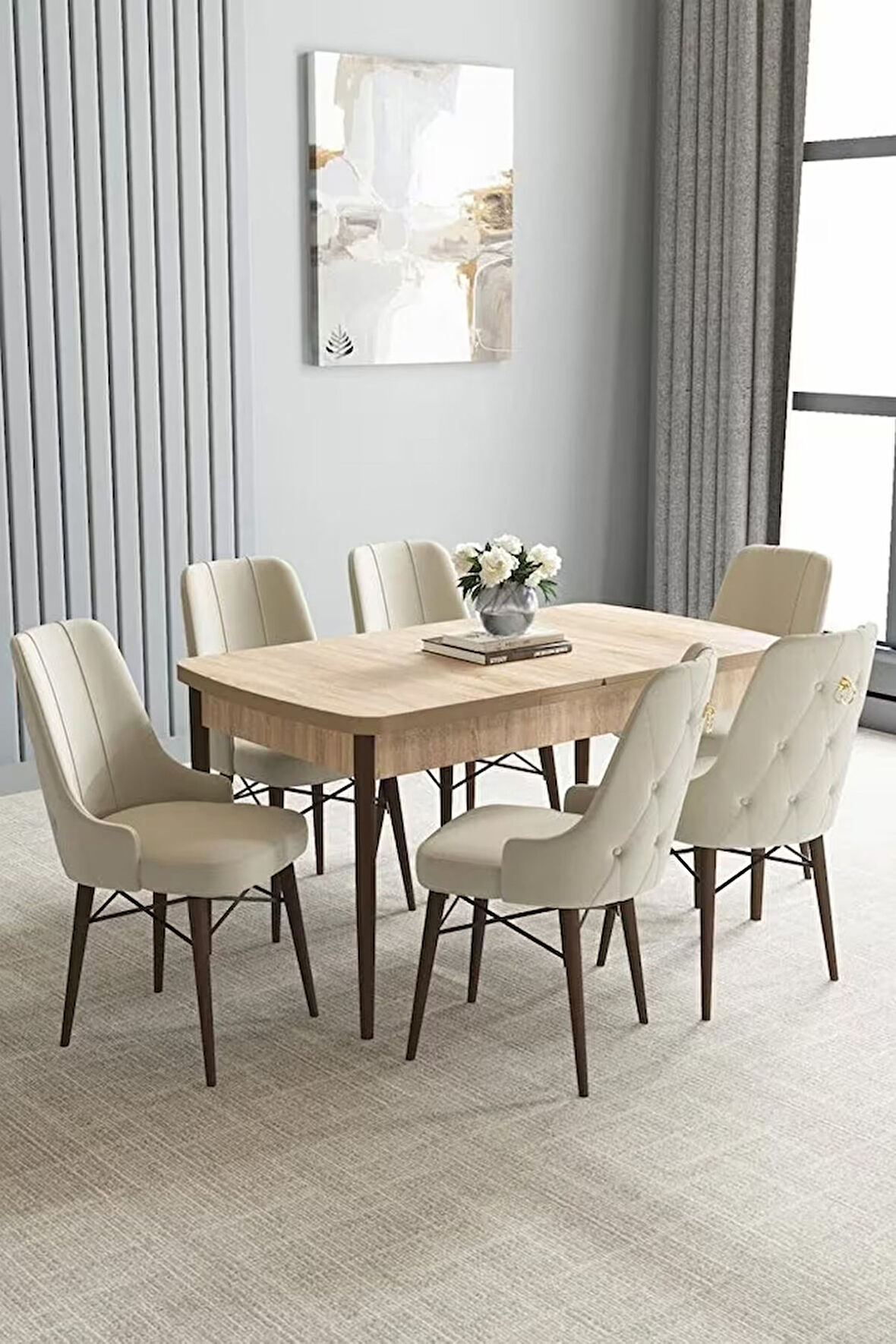 Loft Meşe Desen 80x132 Açılabilir Mdf Masa Yemek Odası Takımı, Mutfak Takımı 6 Sandalye