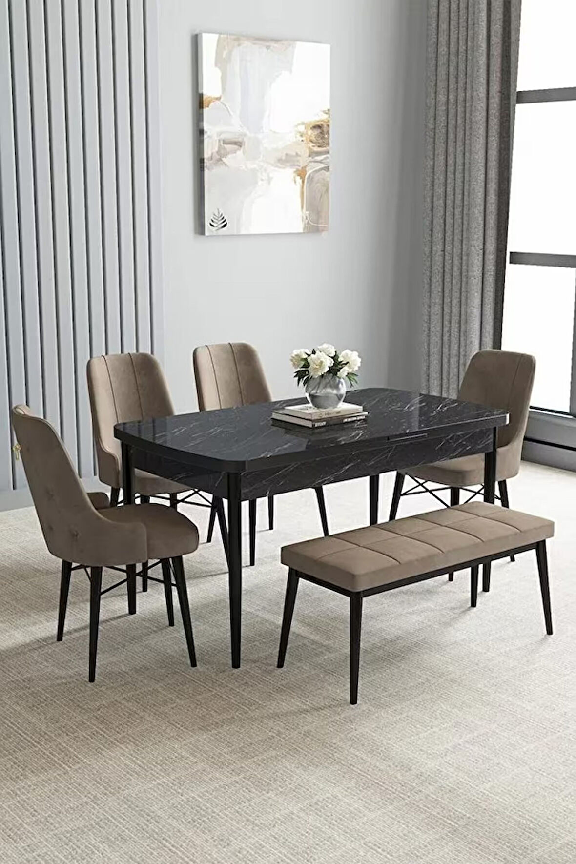 Loft Siyah Mermer 80x132 Açılabilir Mdf Masa Yemek Odası Takımı, Mutfak Takımı 4 Sandalye, 1 Bench