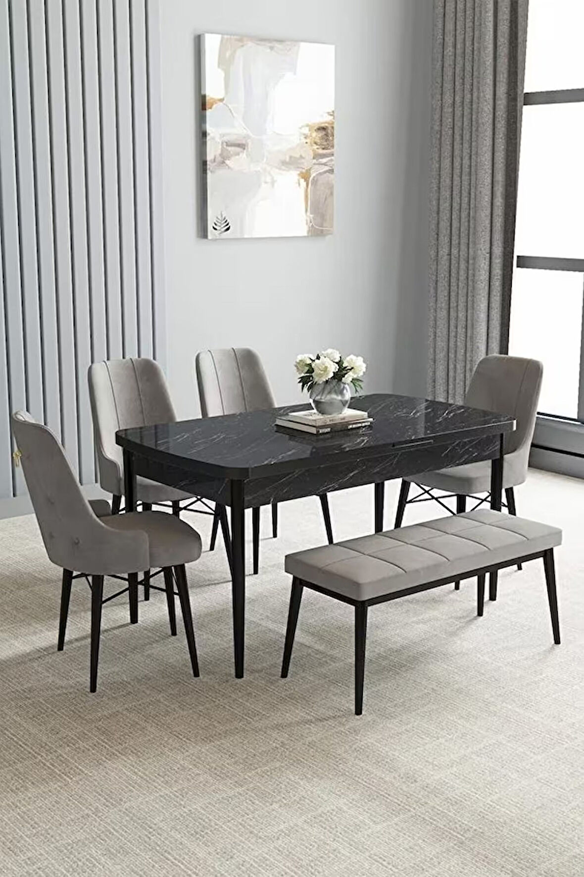 Loft Siyah Mermer 80x132 Açılabilir Mdf Masa Yemek Odası Takımı, Mutfak Takımı 4 Sandalye, 1 Bench
