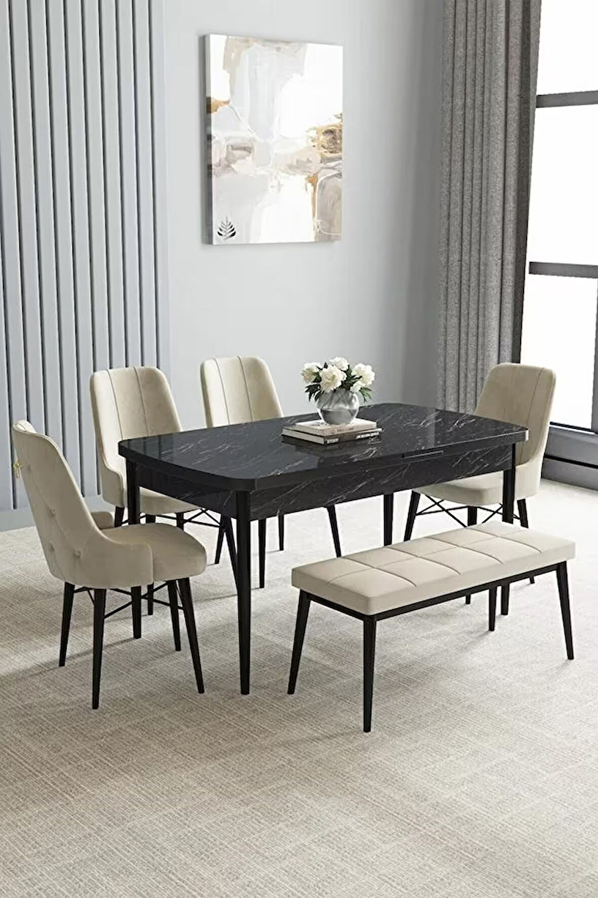 Loft Siyah Mermer 80x132 Açılabilir Mdf Masa Yemek Odası Takımı, Mutfak Takımı 4 Sandalye, 1 Bench