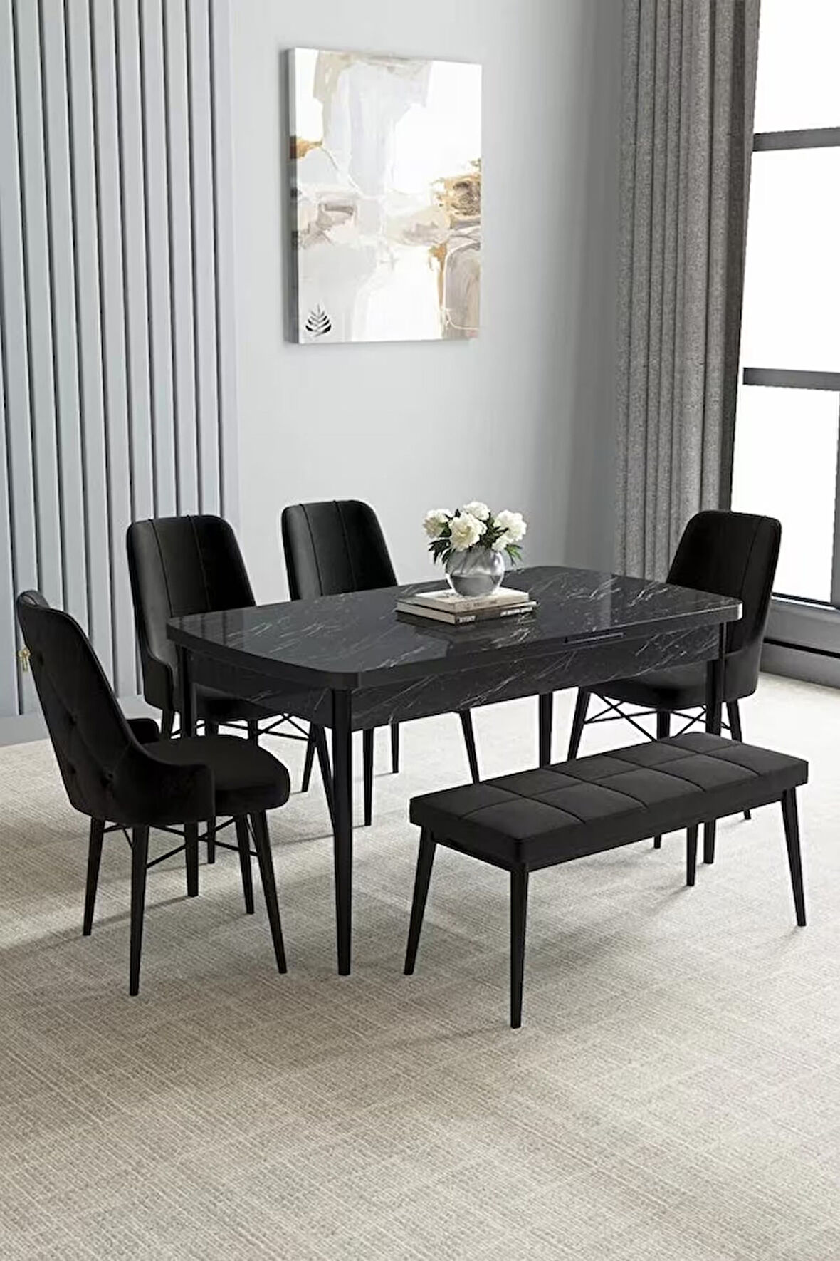 Loft Siyah Mermer 80x132 Açılabilir Mdf Masa Yemek Odası Takımı, Mutfak Takımı 4 Sandalye, 1 Bench