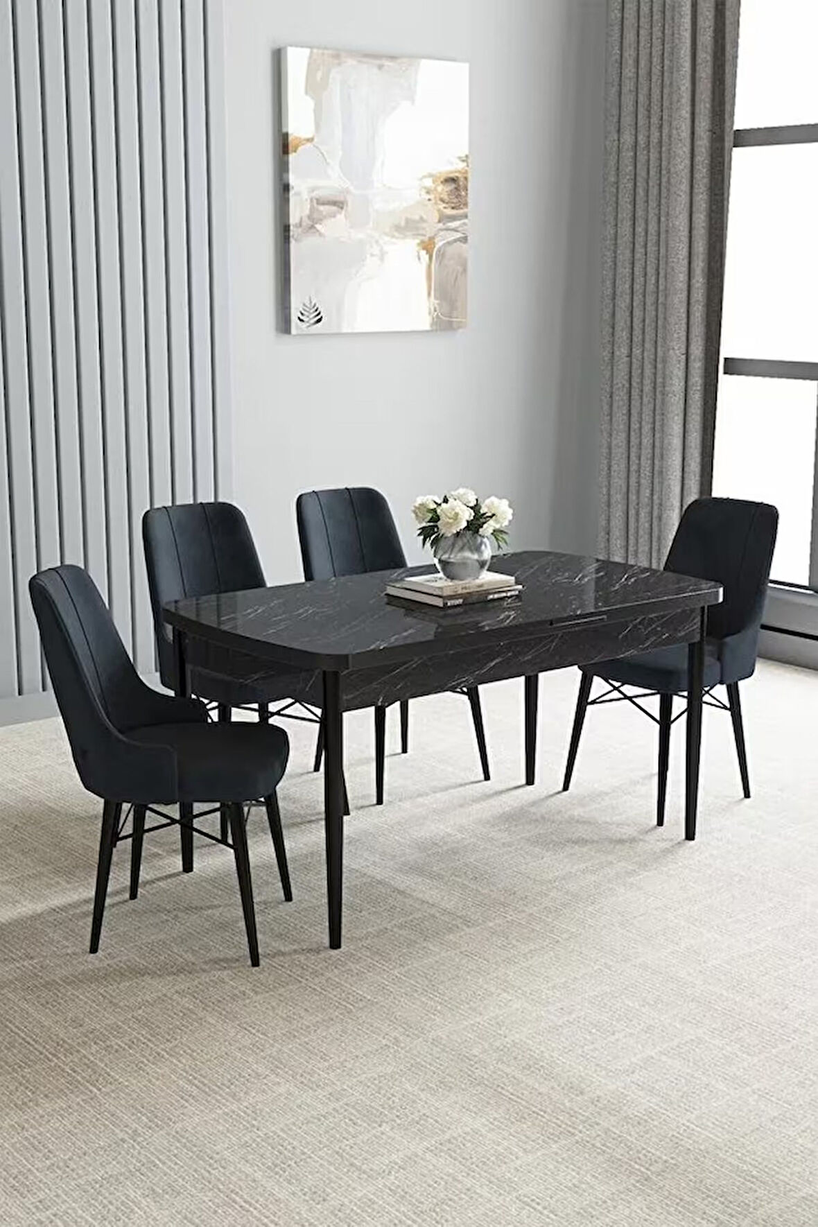 Loft Siyah Mermer 80x132 Açılabilir Mdf Masa Yemek Odası Takımı, Mutfak Takımı 4 Adet Sandalye