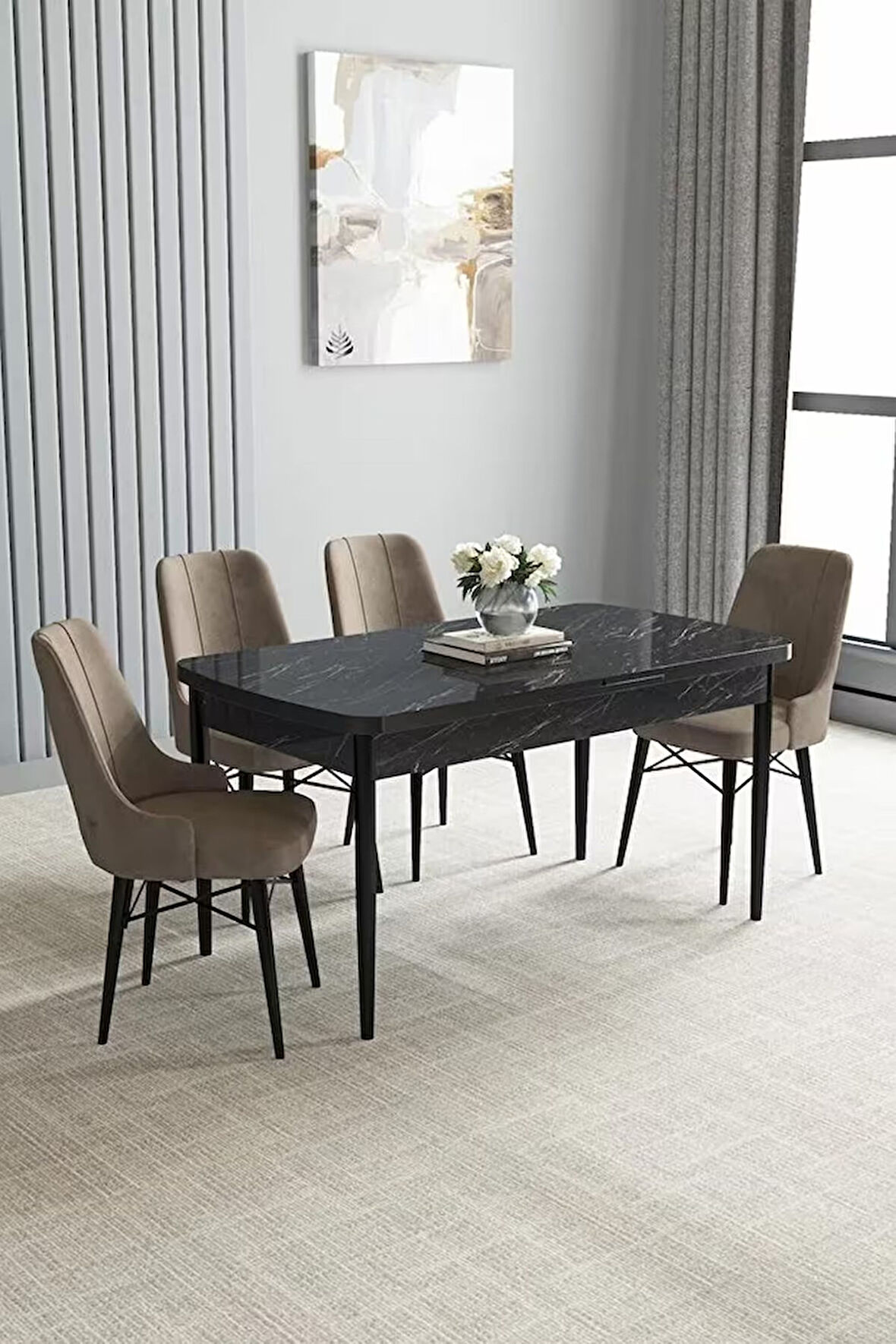 Loft Siyah Mermer 80x132 Açılabilir Mdf Masa Yemek Odası Takımı, Mutfak Takımı 4 Adet Sandalye
