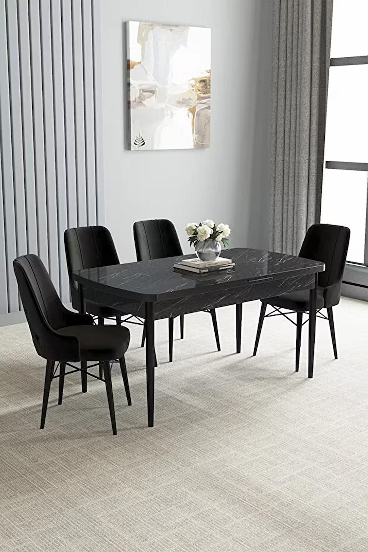 Loft Siyah Mermer 80x132 Açılabilir Mdf Masa Yemek Odası Takımı, Mutfak Takımı 4 Adet Sandalye