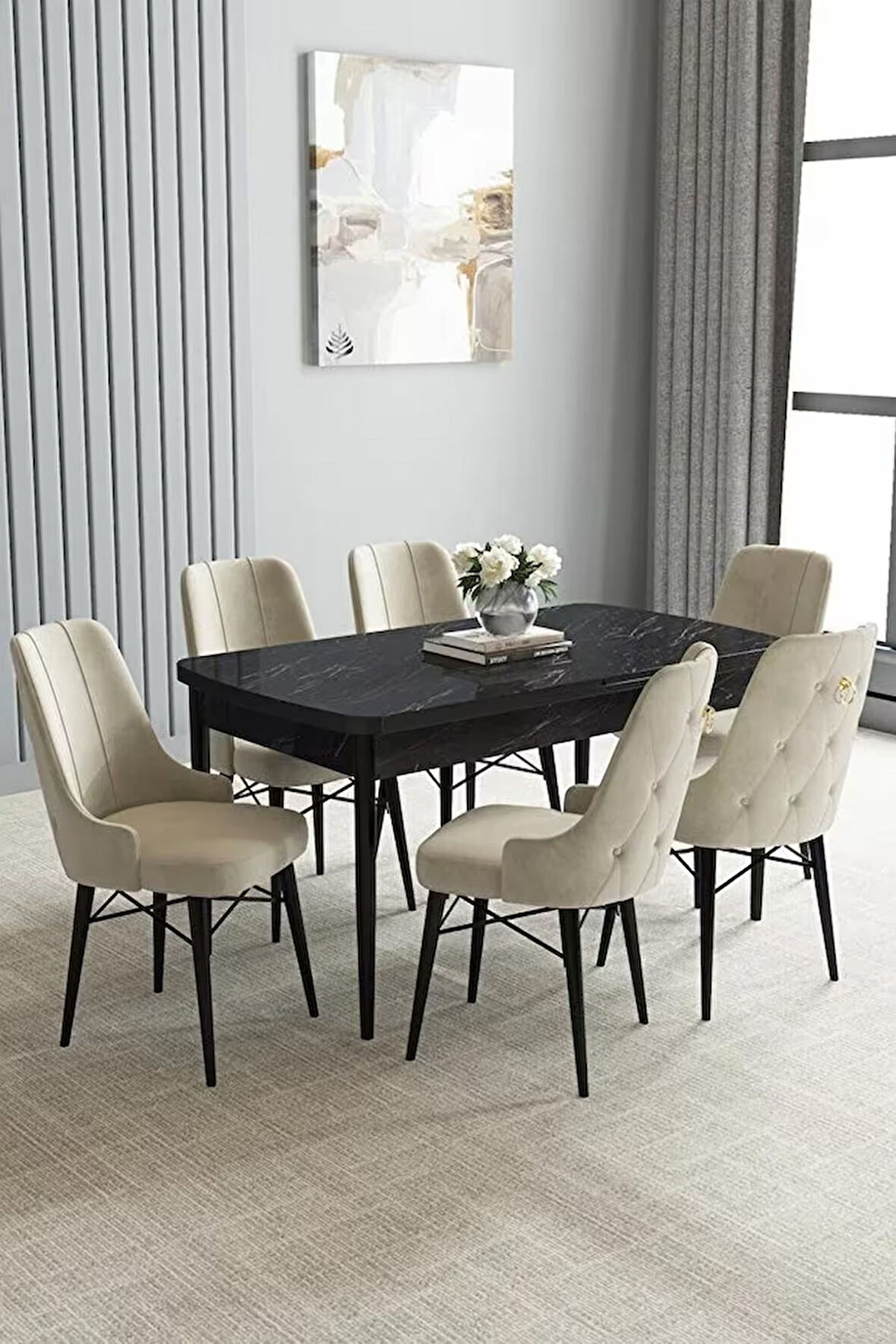 Loft Siyah Mermer 80x132 Açılabilir Mdf Masa Yemek Odası Takımı, Mutfak Takımı 6 Sandalye