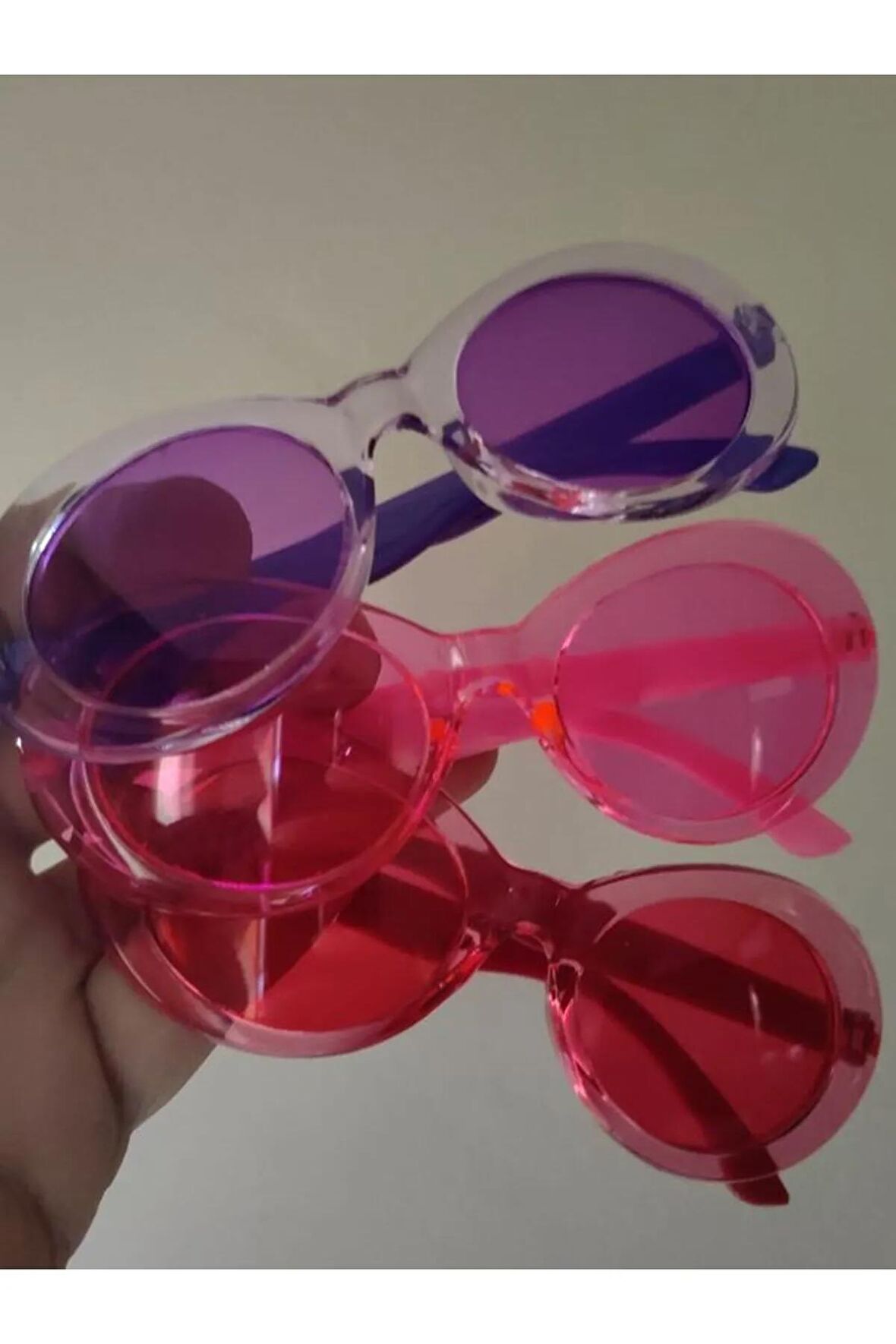 Üç Adet Renk Papatya Yuvarlak Pembe Mor  Kırmızı Transparent Çocuk Kız Erkek Güneş Gözlüğü