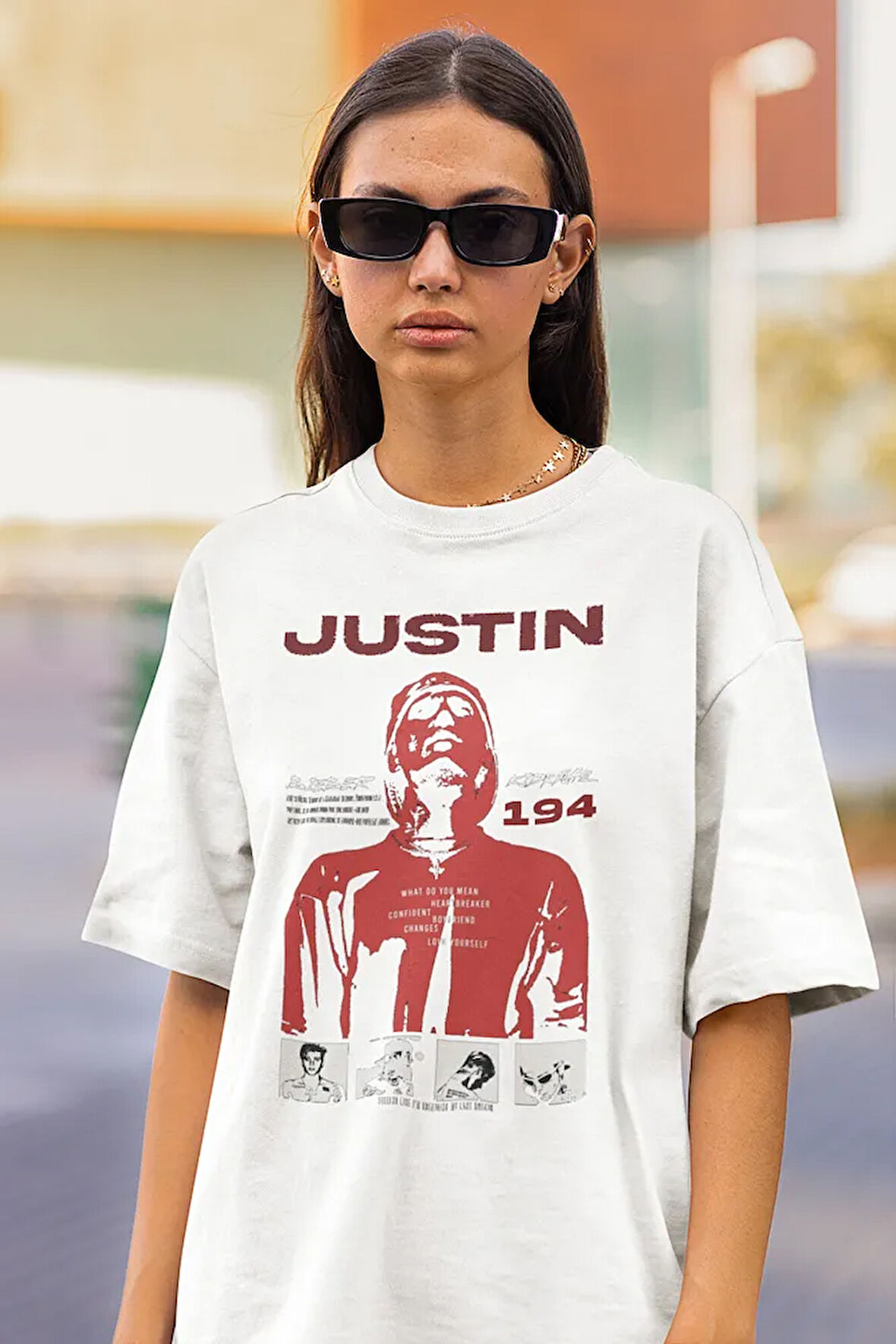 Tasarım Şarkıcı Justin Bieber Baskılı Unisex Oversize Tişört