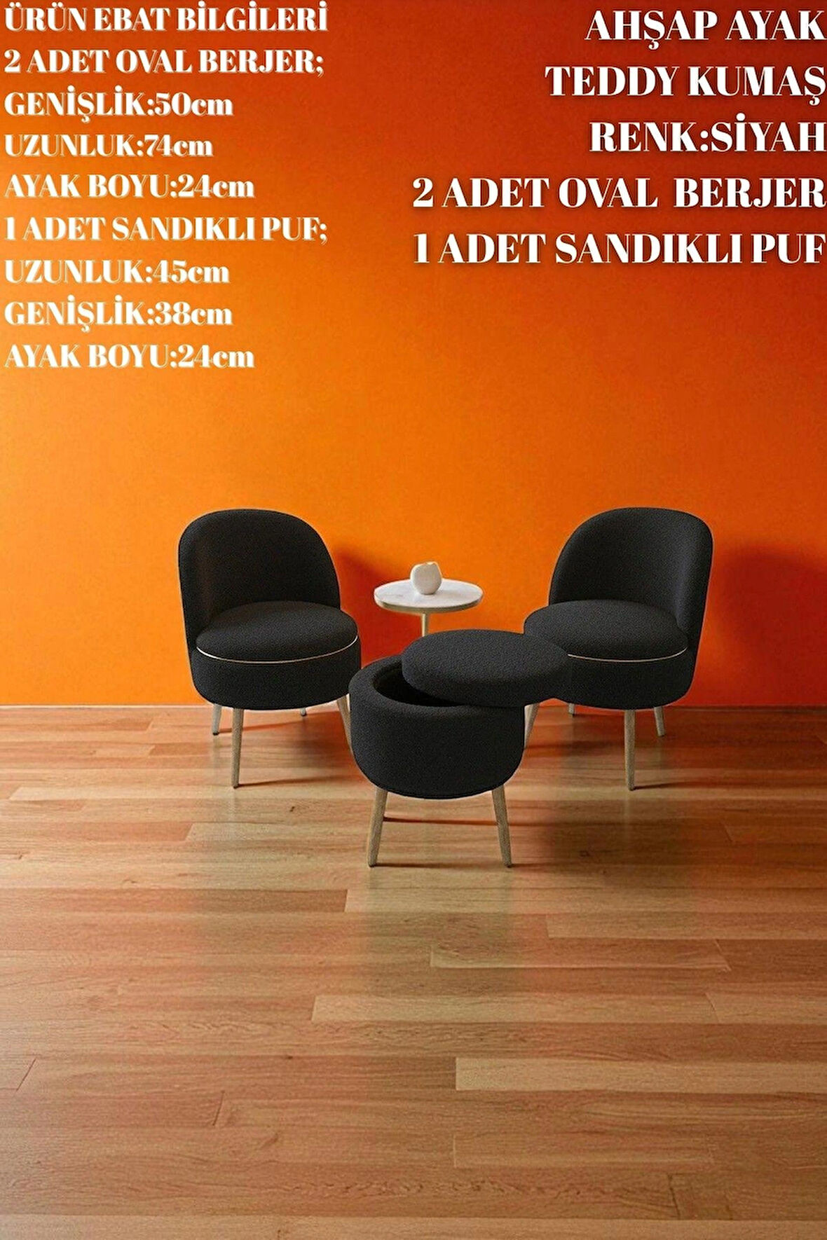 LORIANE Teddy Peluş Berjer ve Puf 3’lü Takım – Salon, Balkon ve Ofis İçin Konforlu Çay Seti