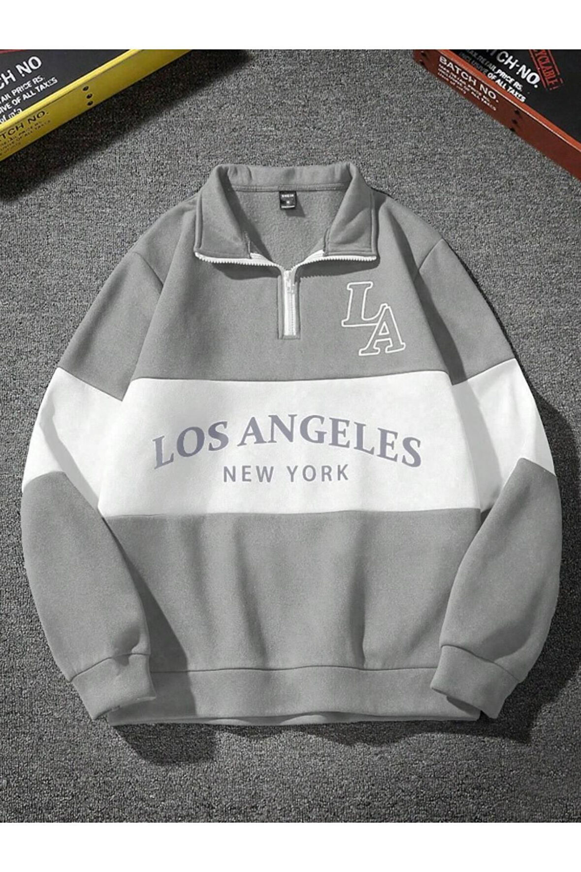 Unisex Los Angeles Baskılı Oversize Parçalı Polo Yaka Fermuarlı Sweatshirt