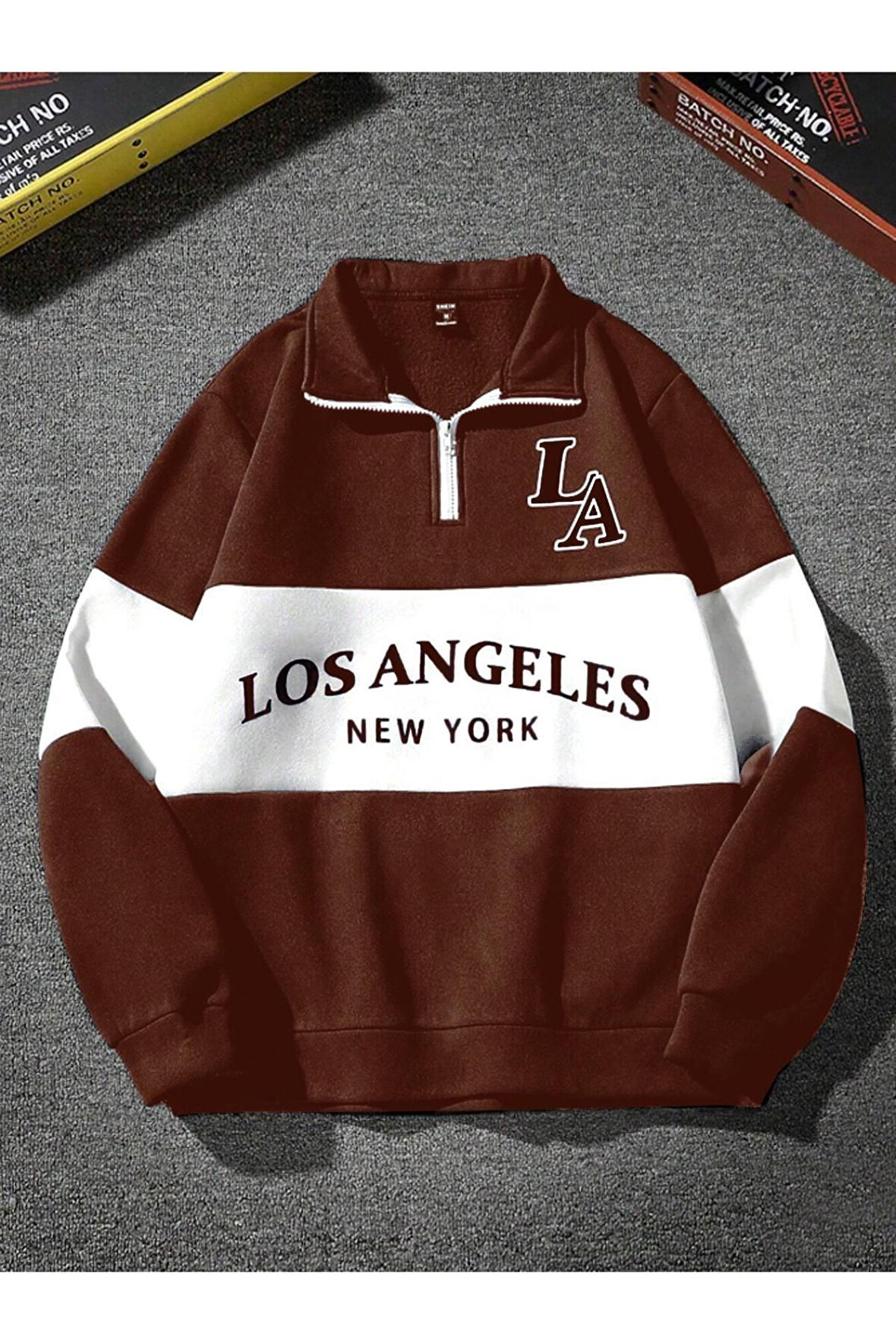 Unisex Los Angeles Baskılı Oversize Parçalı Polo Yaka Fermuarlı Sweatshirt