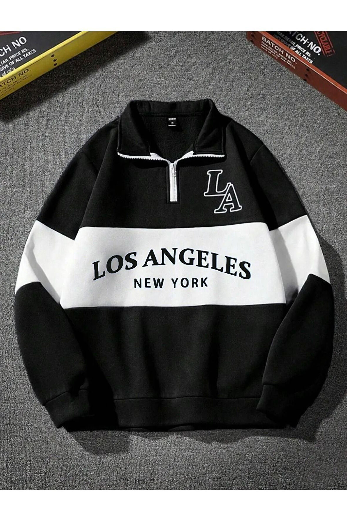 Unisex Los Angeles Baskılı Oversize Parçalı Polo Yaka Fermuarlı Sweatshirt