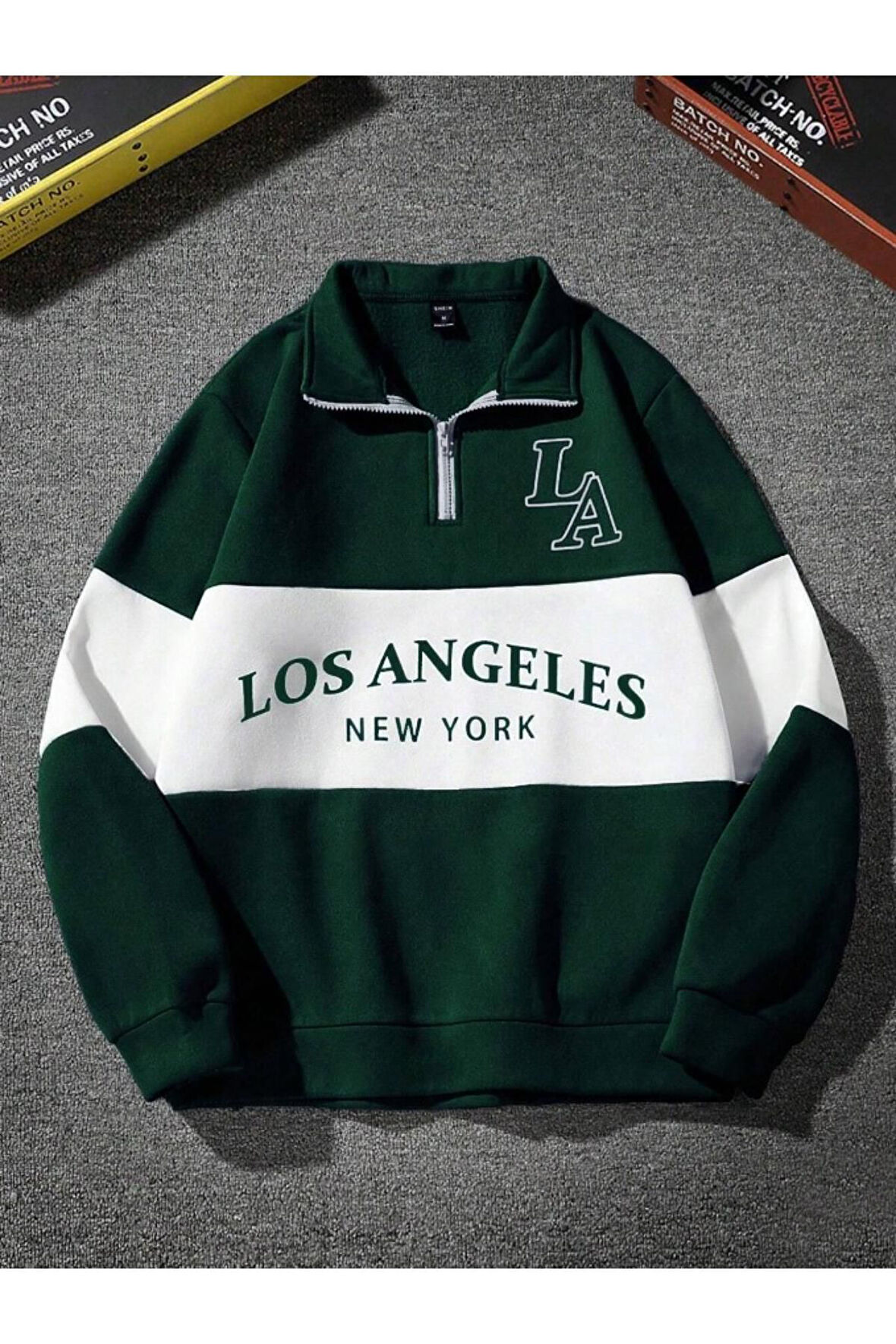Unisex Los Angeles Baskılı Oversize Parçalı Polo Yaka Fermuarlı Sweatshirt