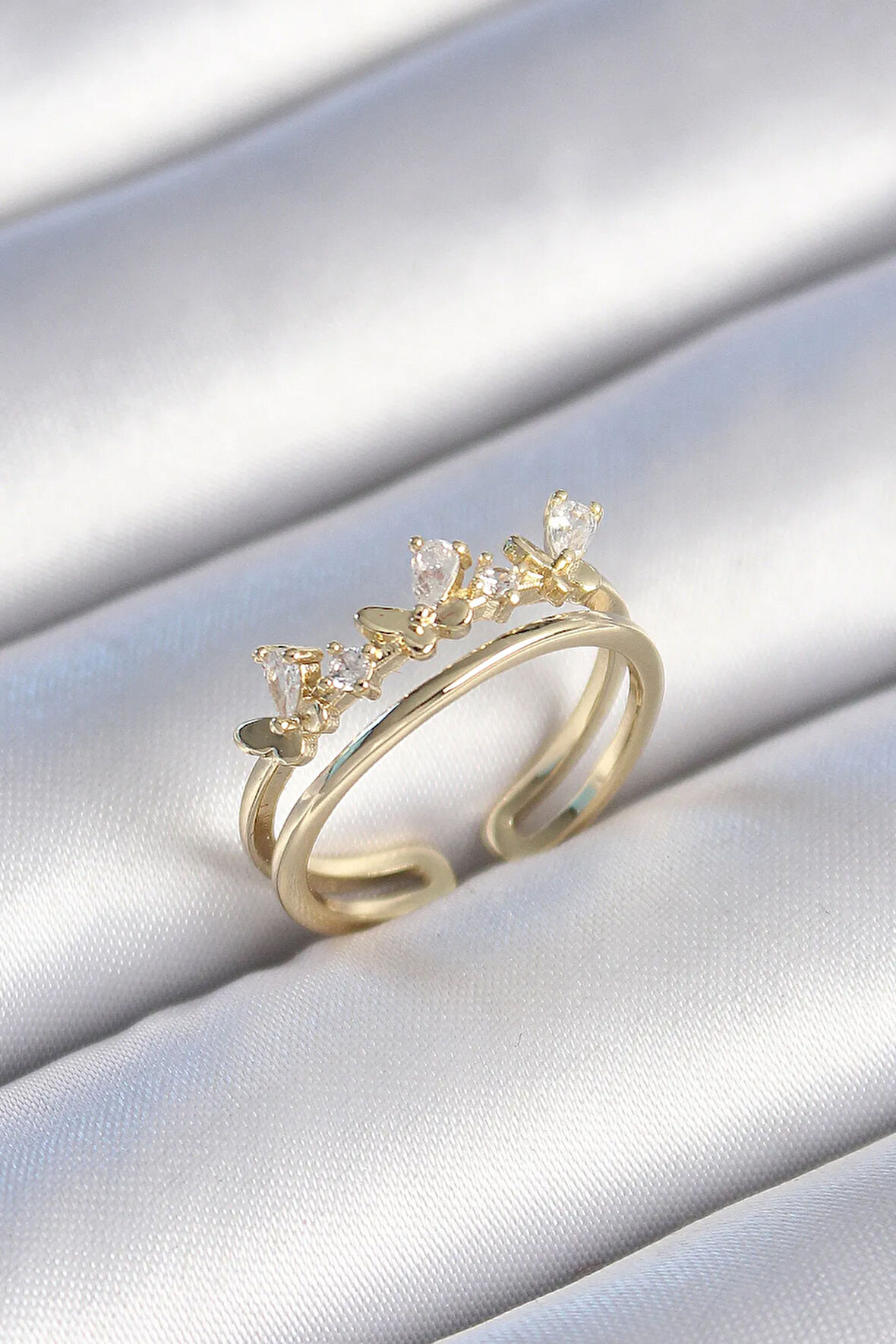 Pirinç Renk Zirkon Taşlı Model Kadın Yüzük - Lisinya